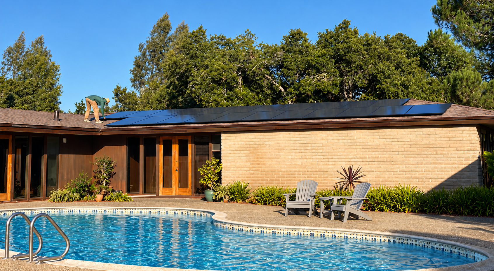 Rooftop solar installation on brick home with pool, Santa Cruz County