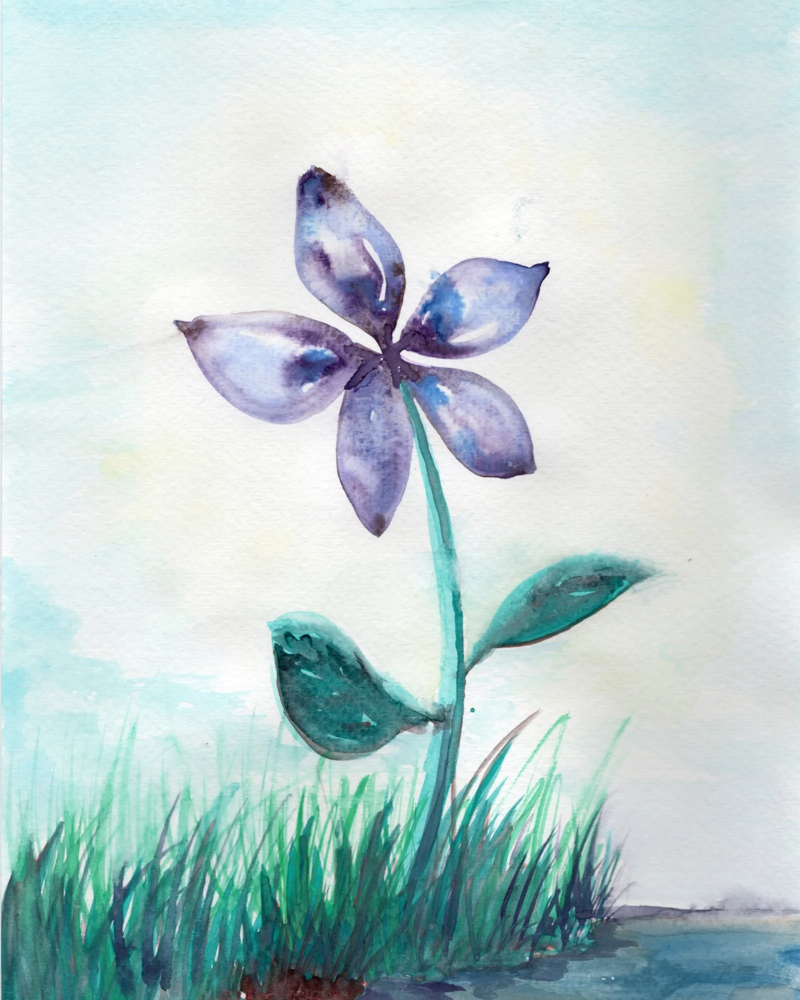 Watercolor painting of a purple five-petaled flower with a green stem and leaves growing among grass.