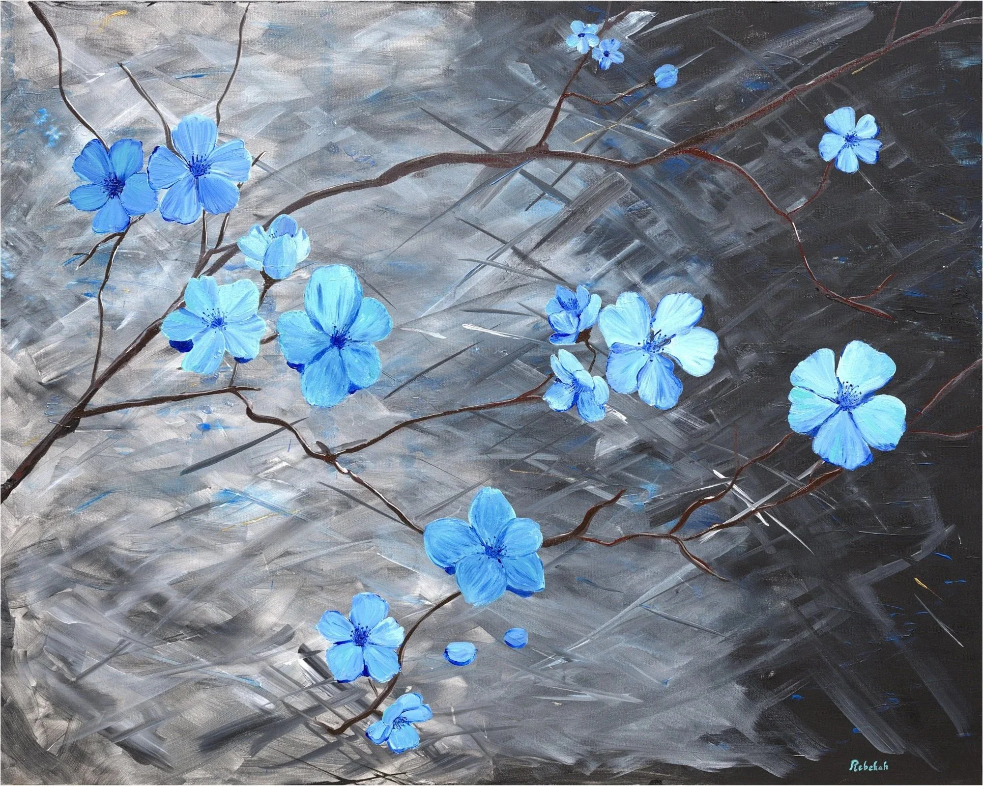 Abstract painting of bright blue flowers on winding brown branches against a textured gray background