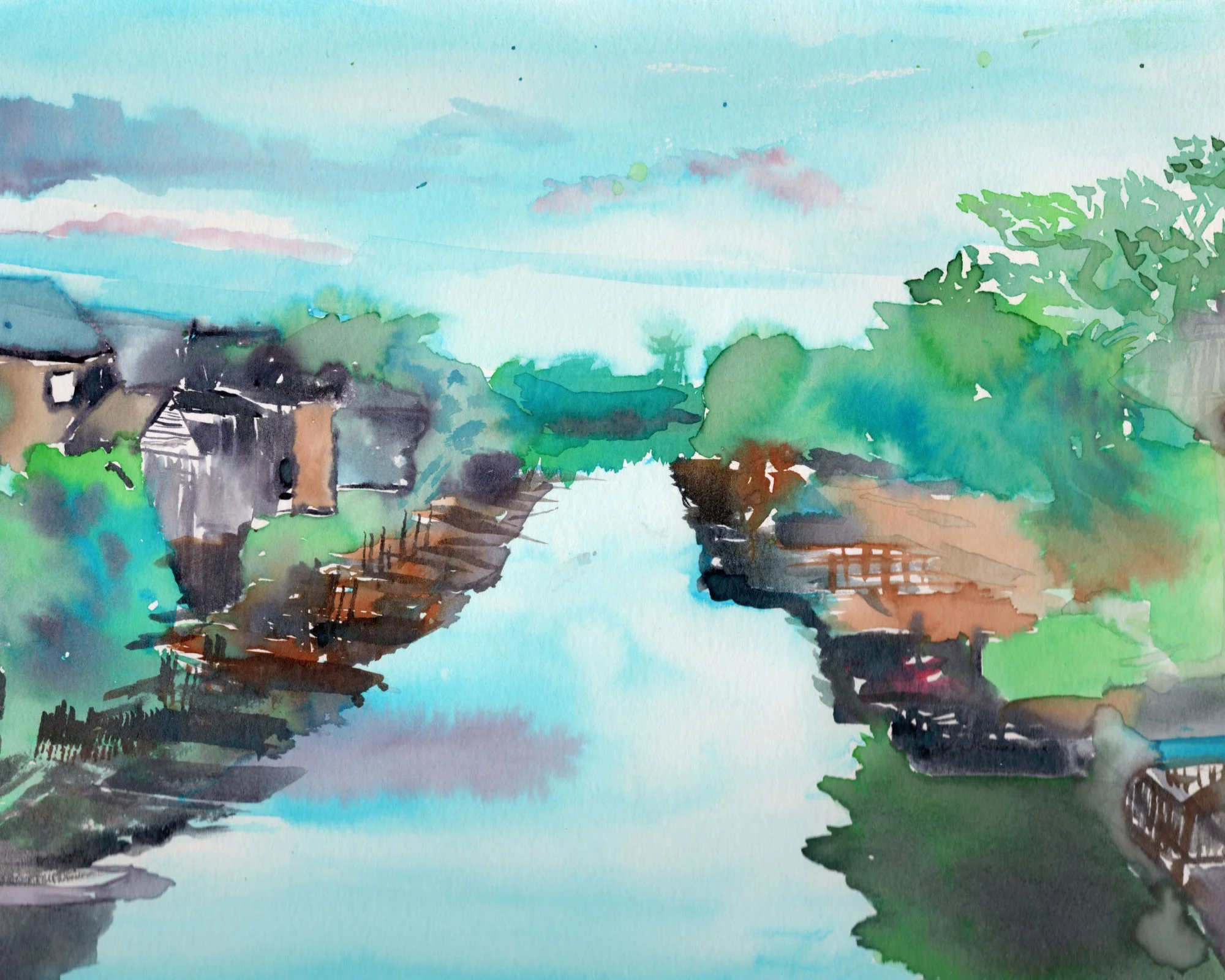 Abstract watercolor landscape of a calm river winding between lush green trees and rustic buildings under a blue sky