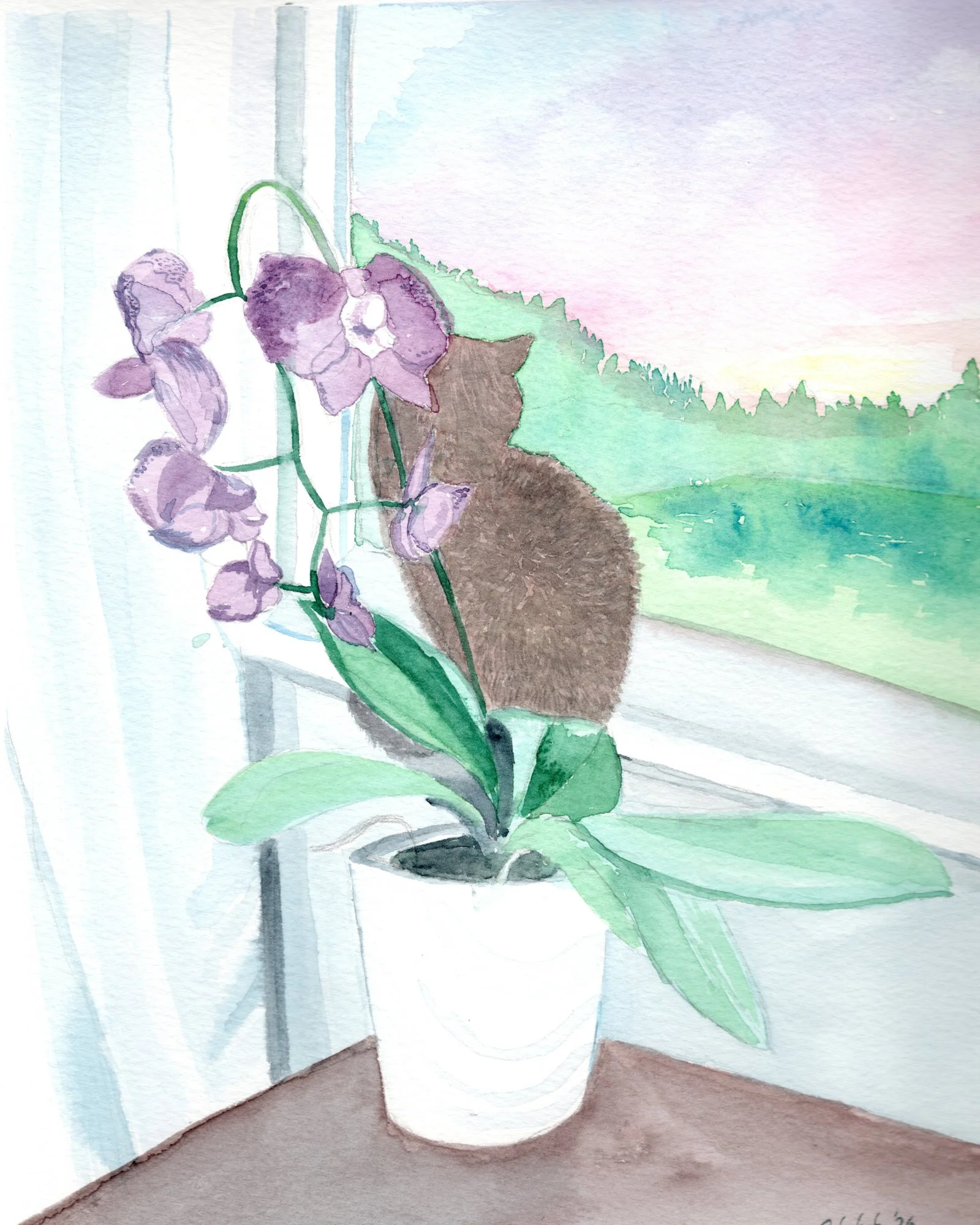 Watercolor painting of a purple orchid in a white pot on a windowsill overlooking a green landscape with a cat hiding behind the flower.