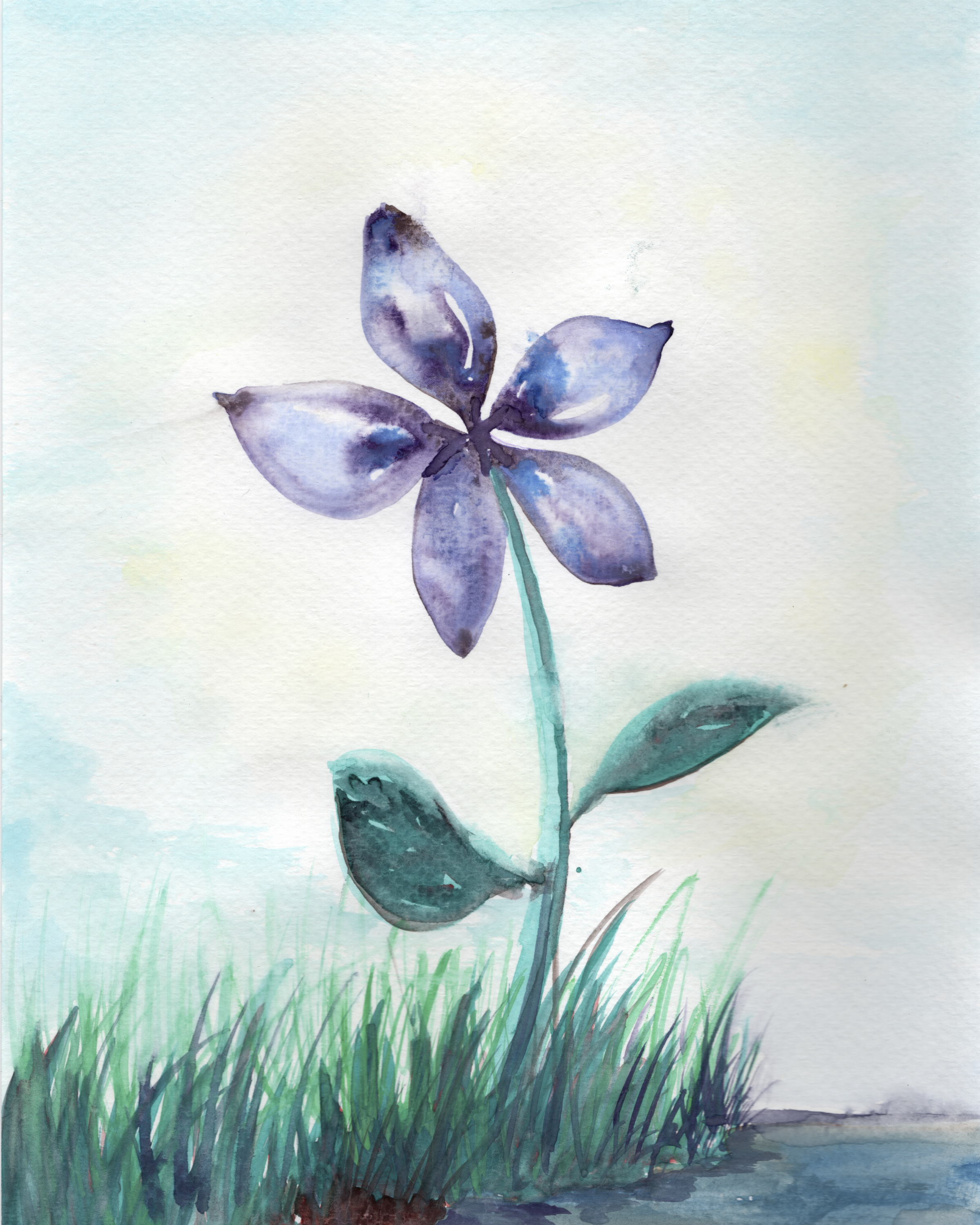 Watercolor painting of a purple wildflower with green leaves growing beside a grassy streambank.