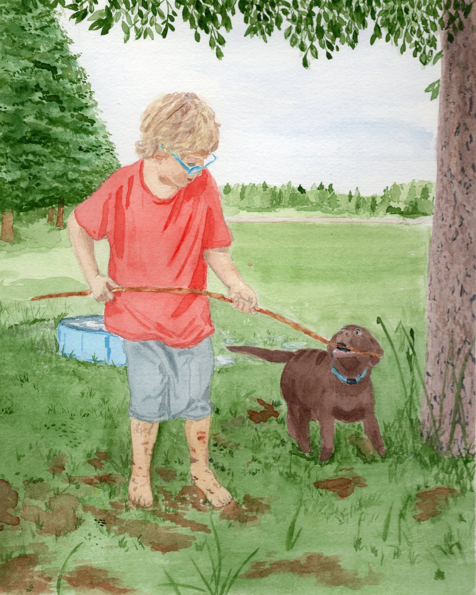 Watercolor illustration of a child holding a stick while a brown dog pulls toward a tree in a grassy park.