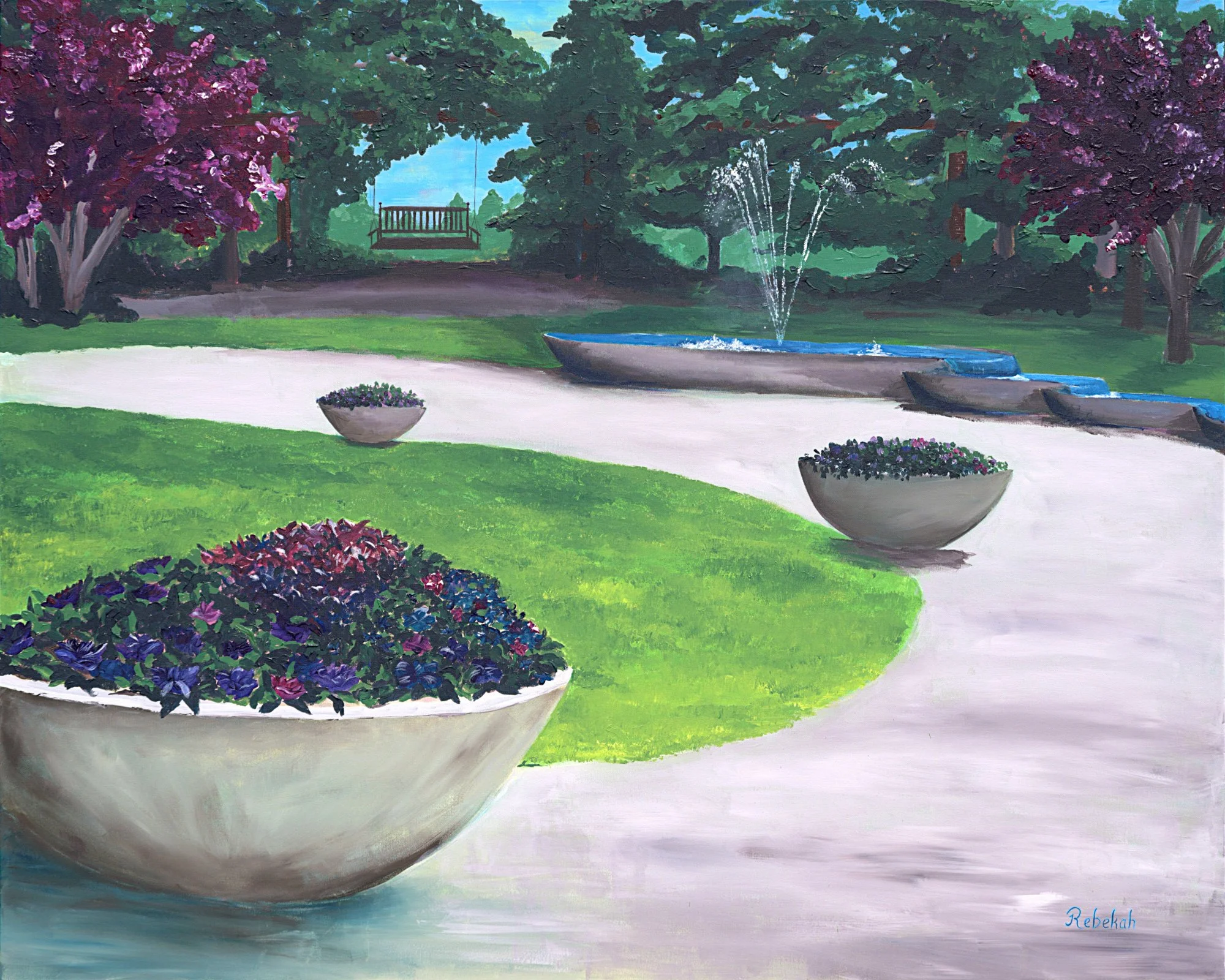 Acrylic painting of a formal garden with flowering trees, sculptural planters, a long fountain, and a wooden bench swing.