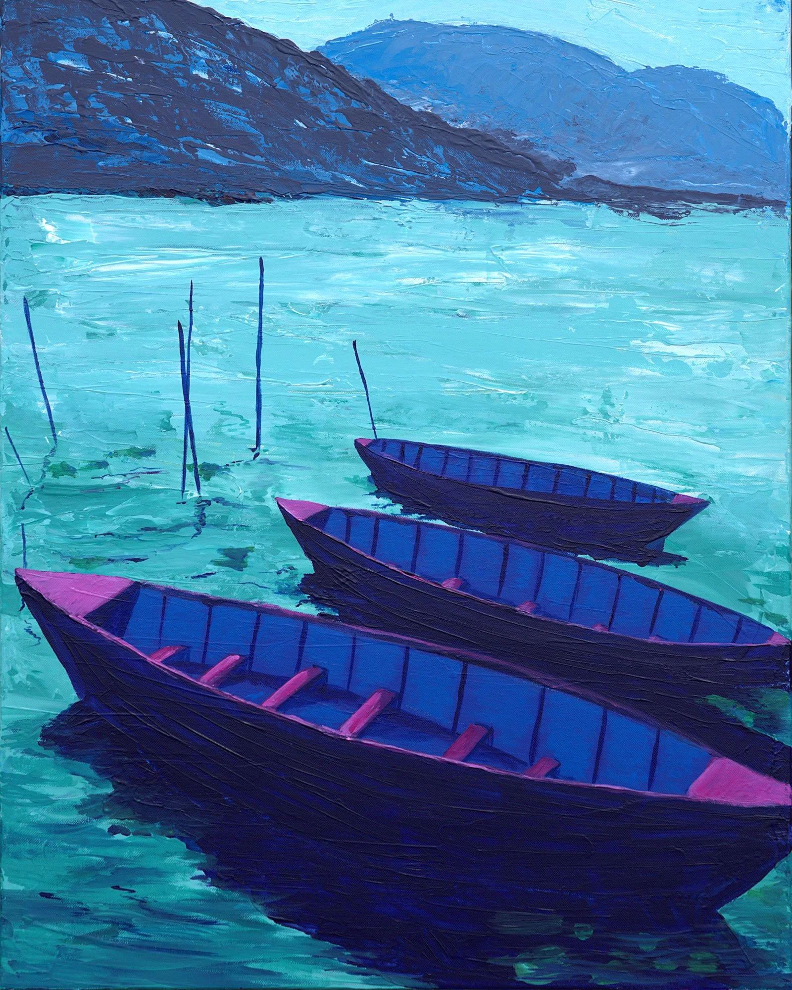 Colorful painting of wooden boats floating on turquoise water with blue mountains in the background