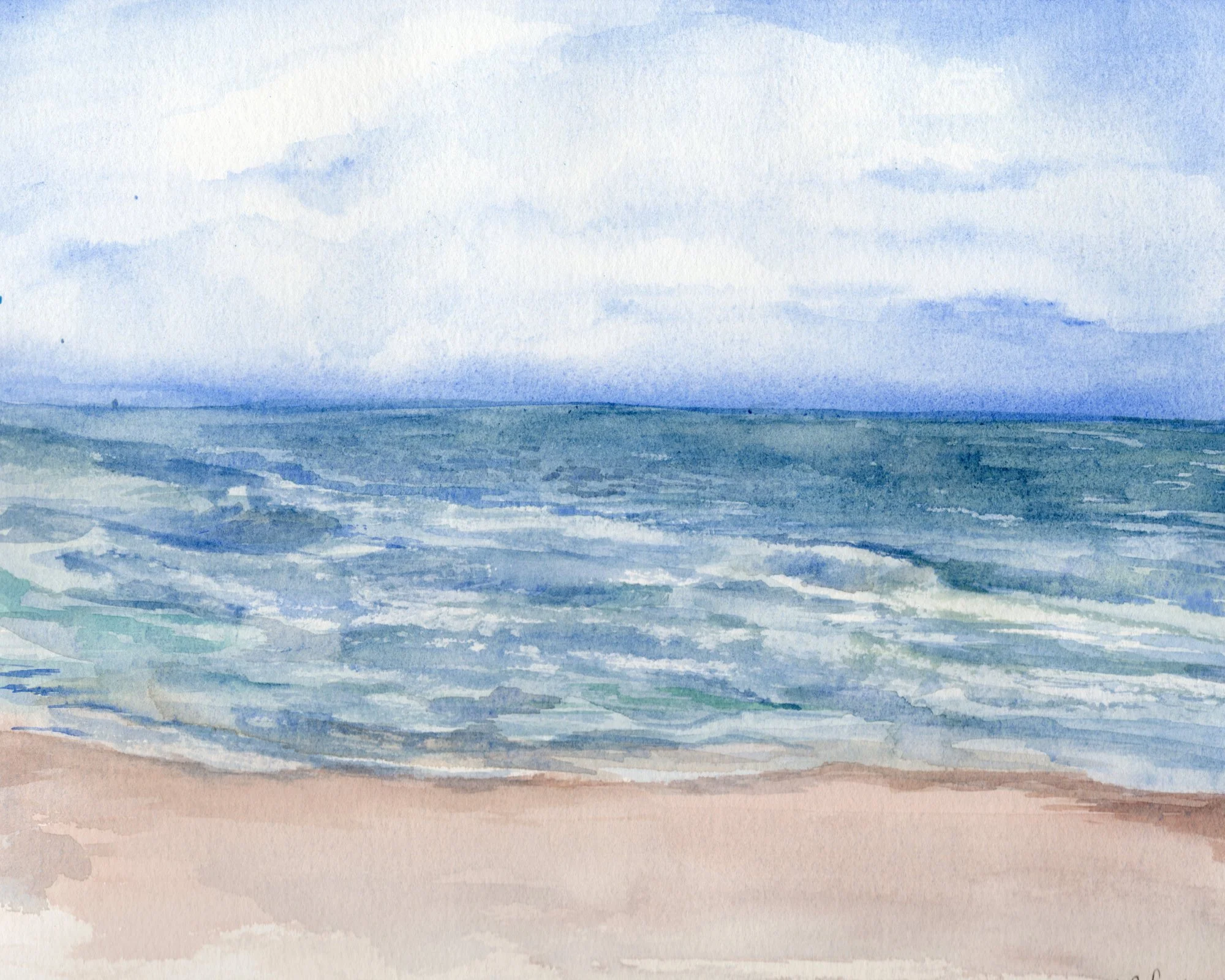 Watercolor painting of gentle ocean waves rolling toward a sandy beach beneath a cloudy blue sky