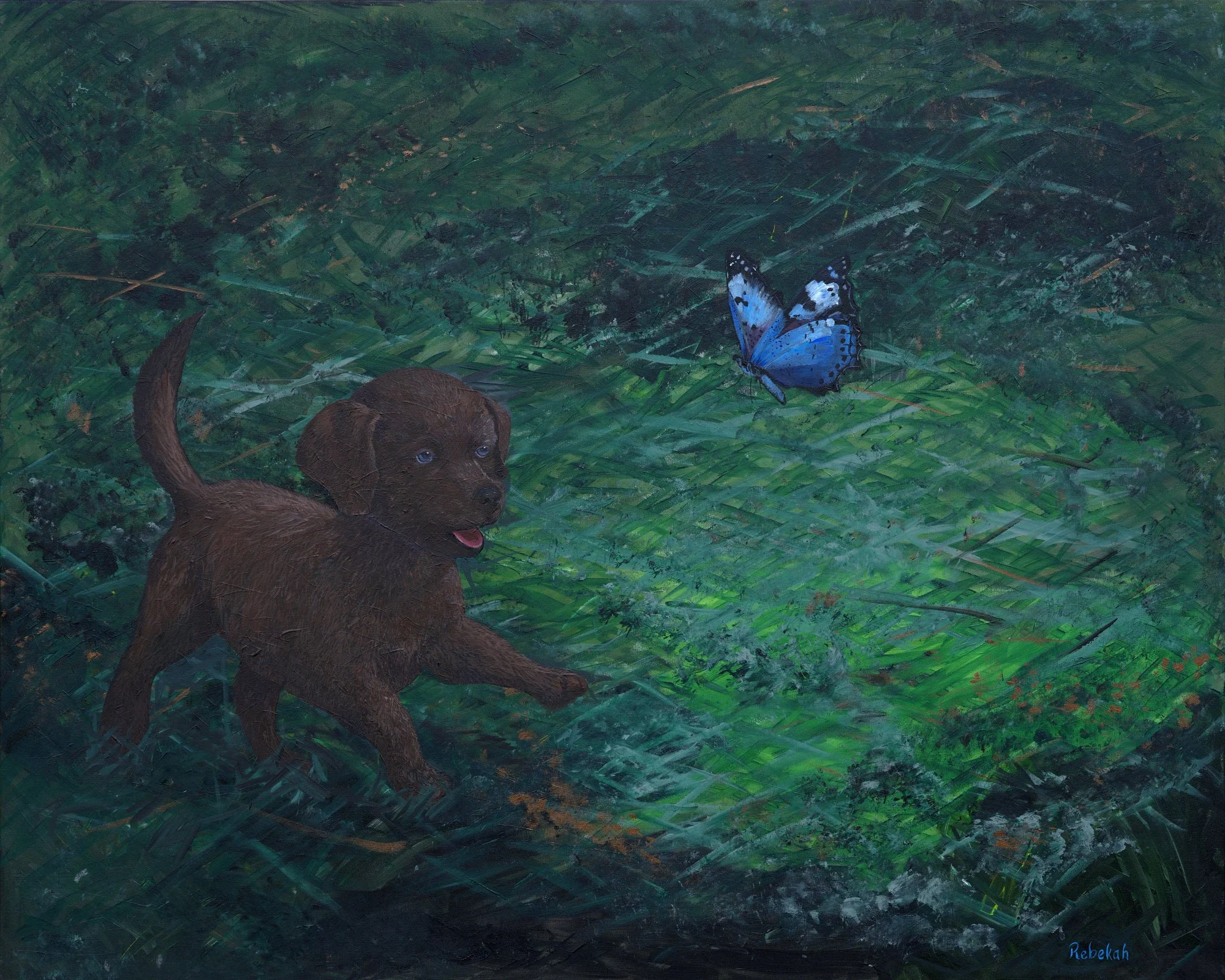 Painting of a brown puppy watching a blue butterfly in lush green grass