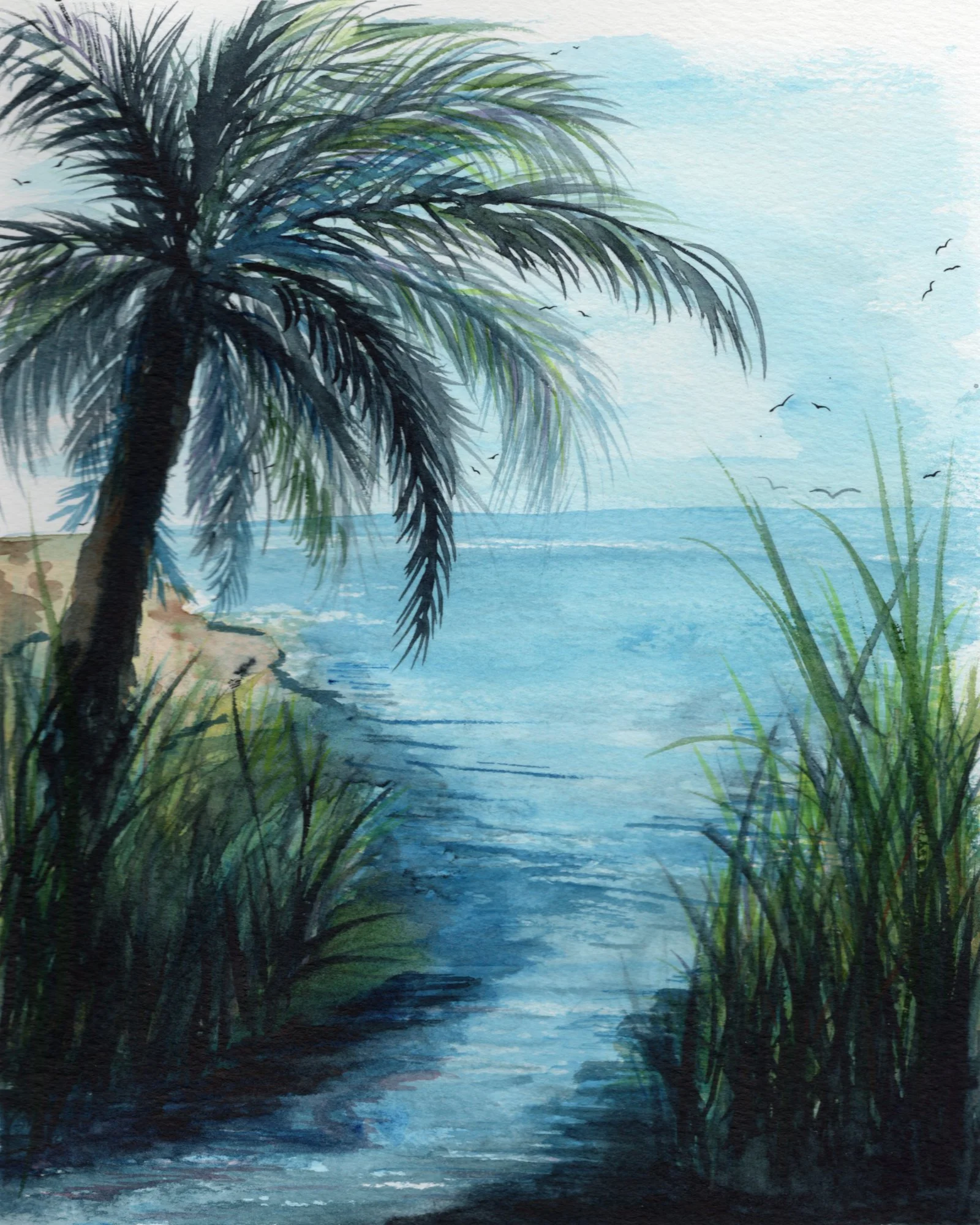 Watercolor painting of a tropical beach with a palm tree, tall beach grass, turquoise ocean, sandy shore, and flying seabirds.