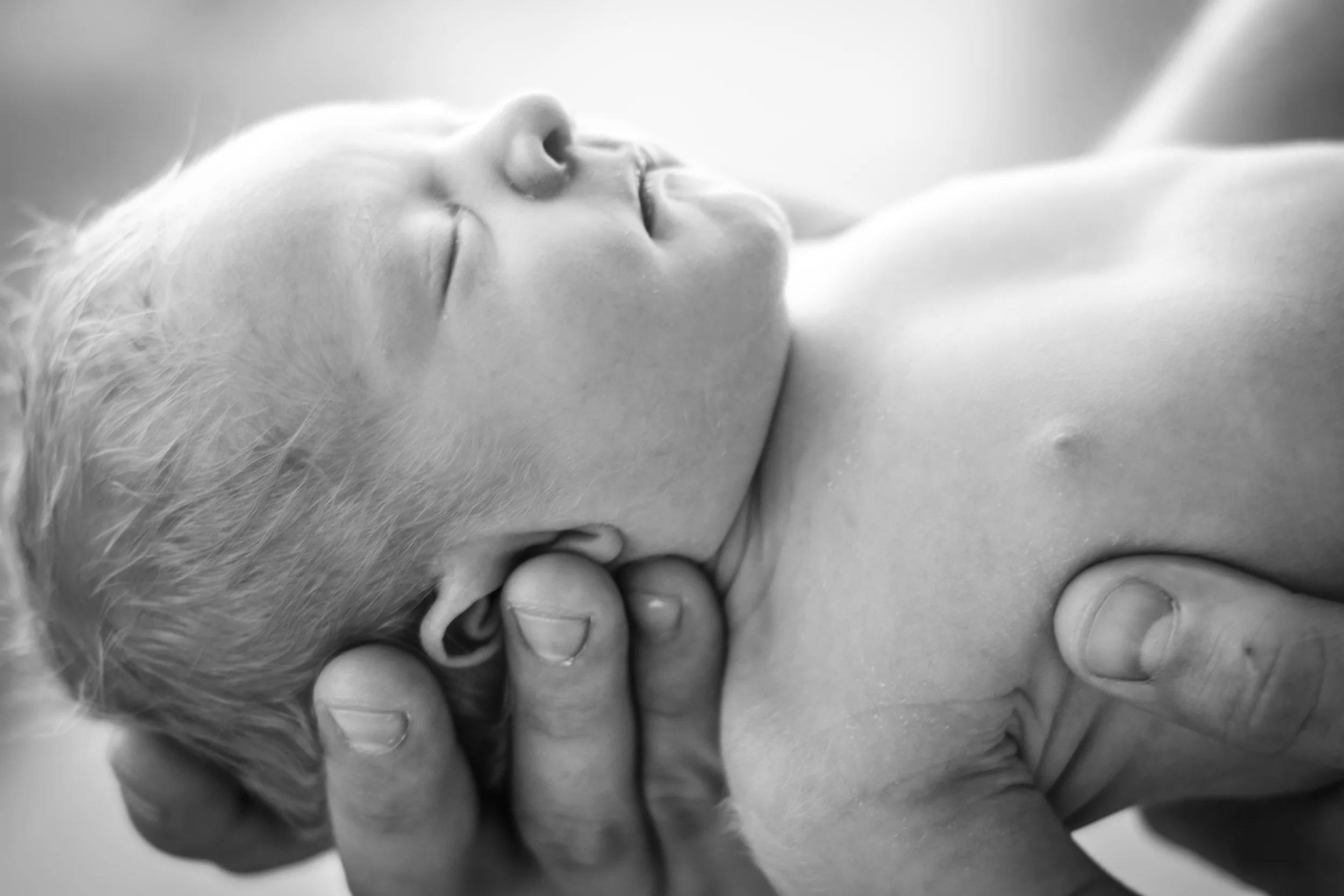 Close-up black and white photo of a newborn baby's face, with an adult's hand gently touching the baby's cheek.