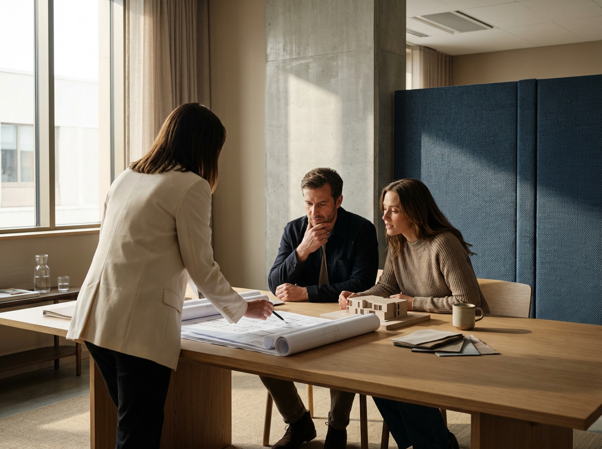 Two people seated at a wooden table in a meeting room with large windows, discussing architectural plans while a woman standing in a white blazer points to the plans.