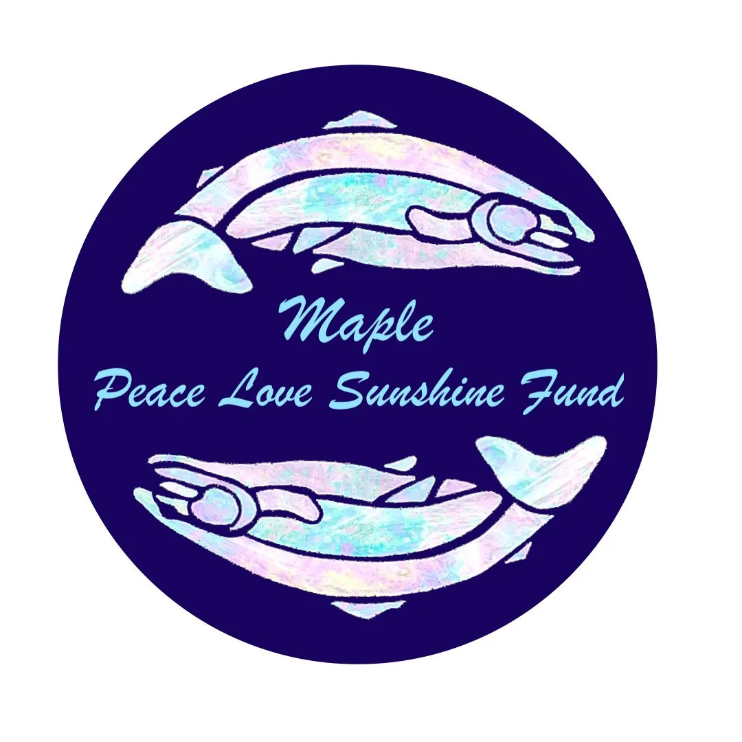 Maple Peace Love Sunshine Fund logo featuring two pastel dolphins encircling blue script text
