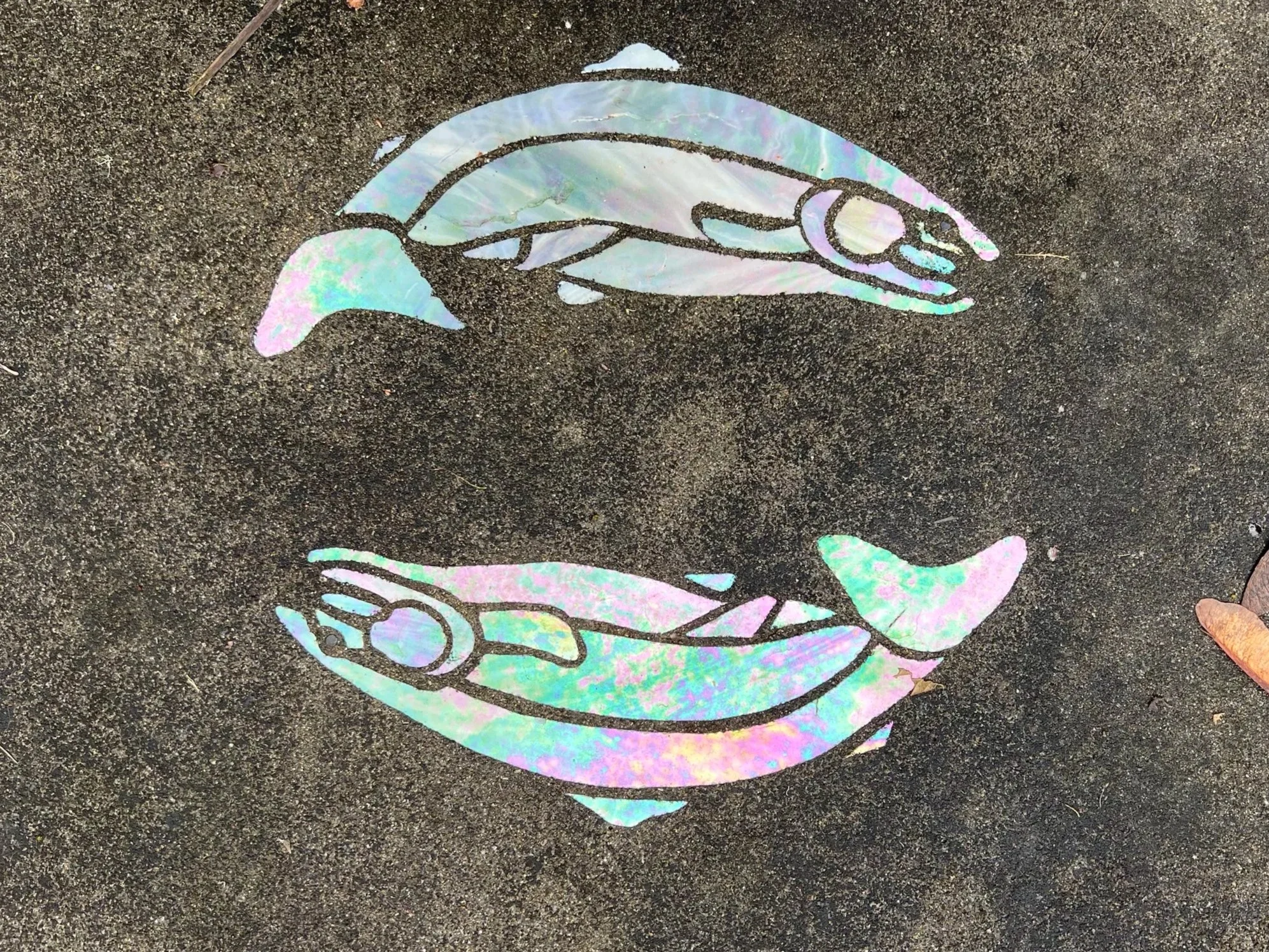 Iridescent artwork depicting two dolphins swimming on dark sand