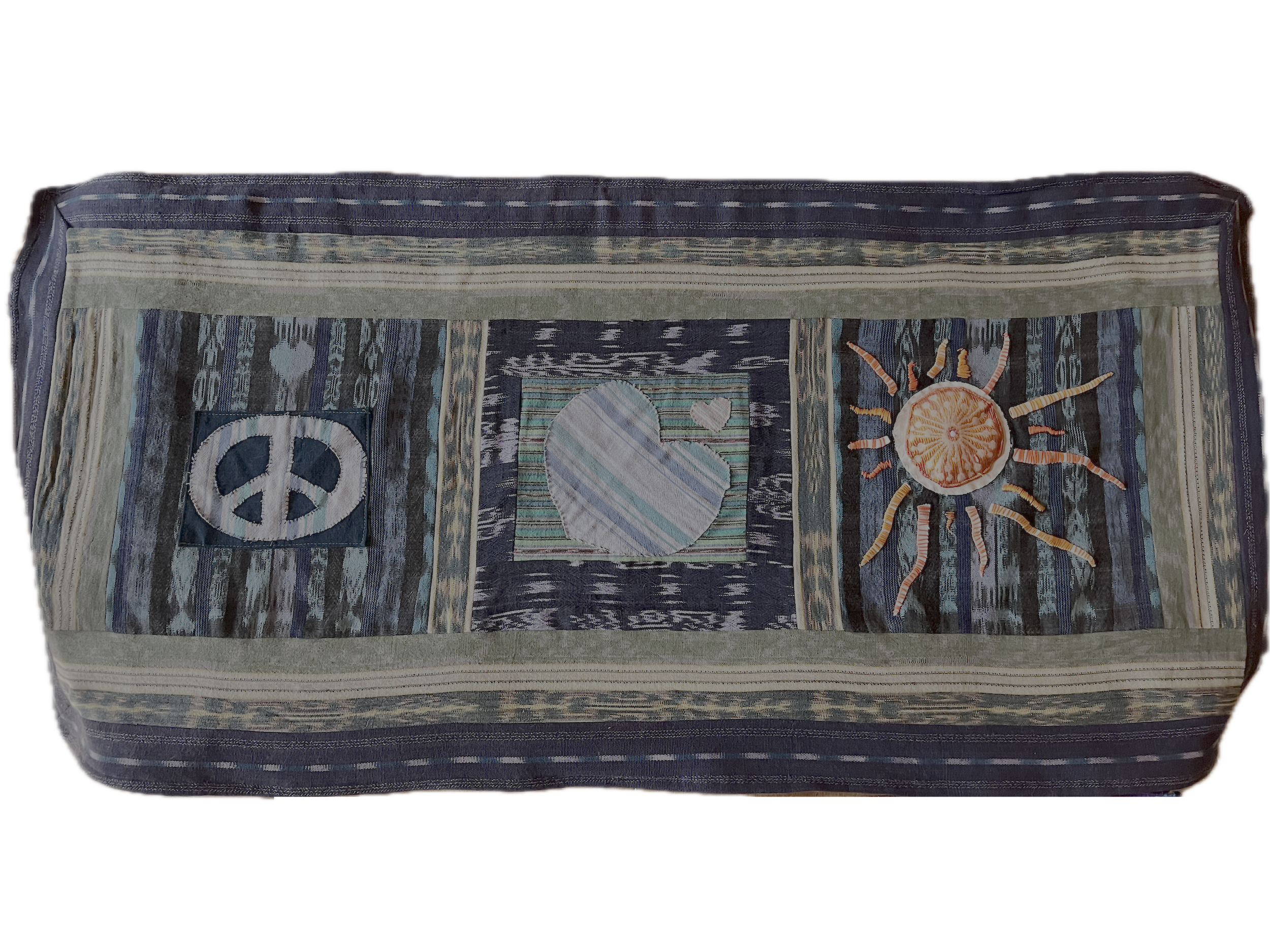 Handmade textile wall hanging featuring a peace symbol, striped heart, and orange sun on a dark blue background