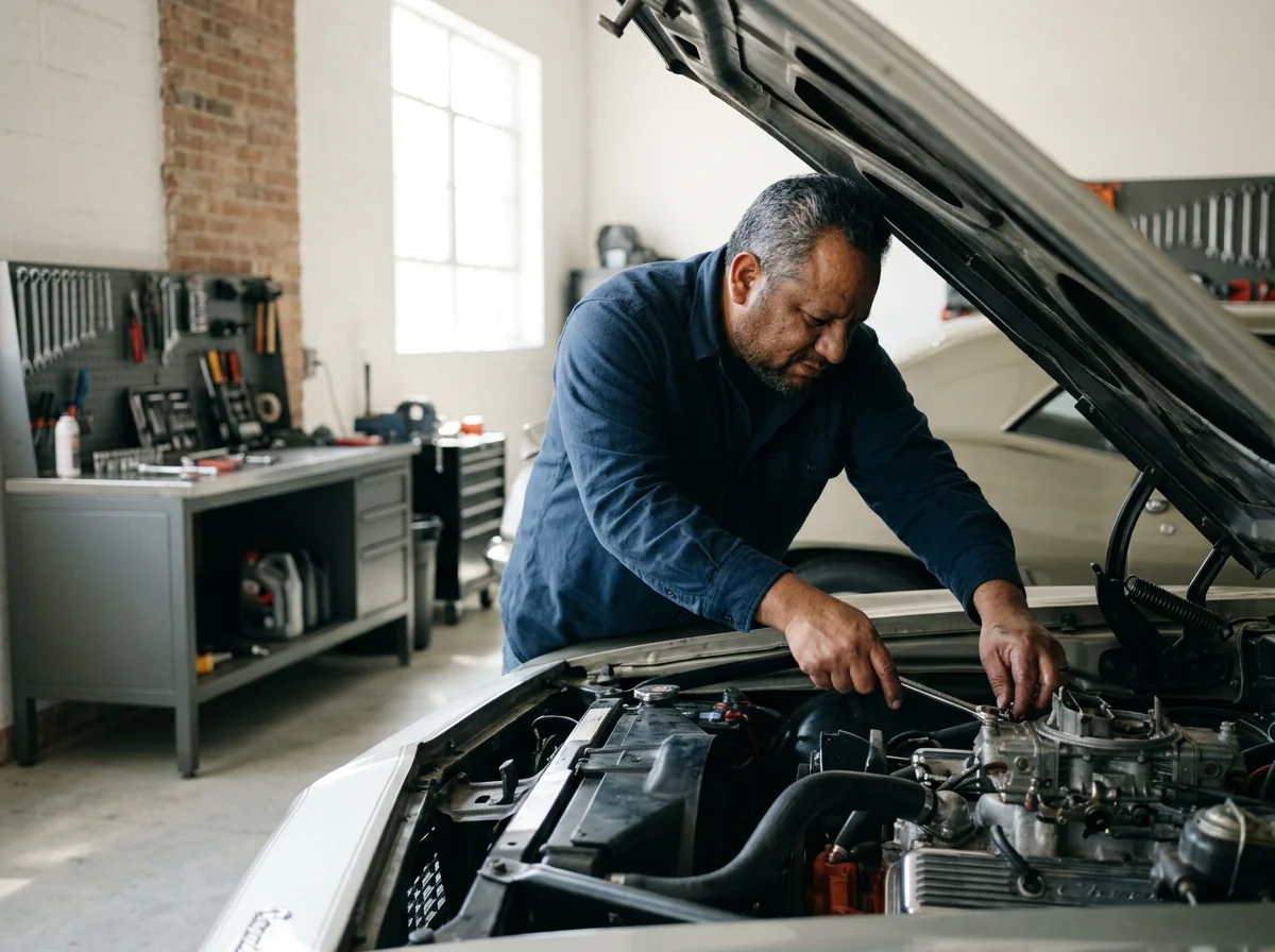 A man working under the hood of a car in a garage or workshop.