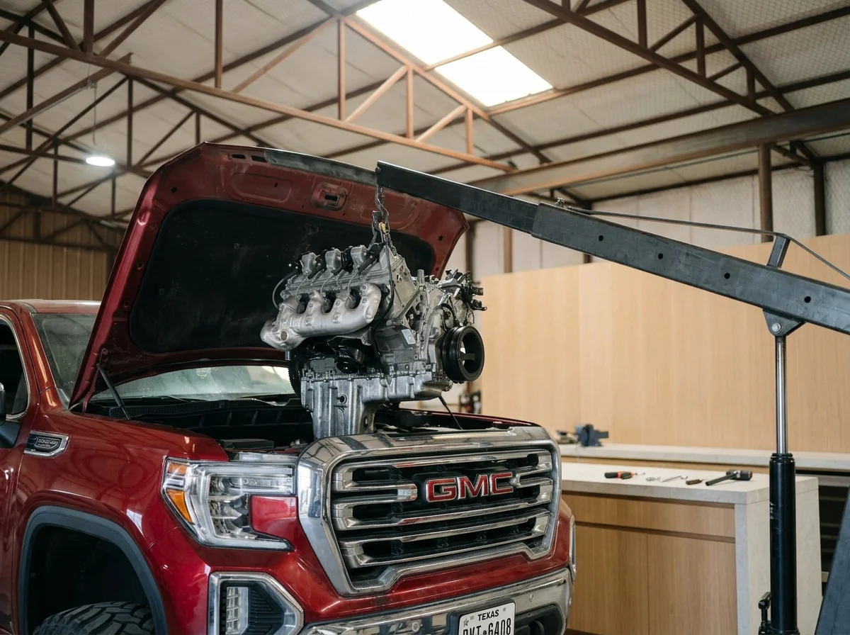 A red GMC pickup truck with its hood open, inside a workshop. An engine is being lifted out or installed into the engine bay using a crane arm attached to the truck's hood. The workshop has a high ceiling with exposed metal beams, and there is a workbench with tools in the background.