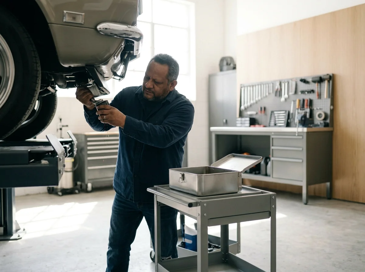 A man working underneath a raised vintage car in a garage workshop, inspecting or repairing it, with tools and a storage cabinet in the background.