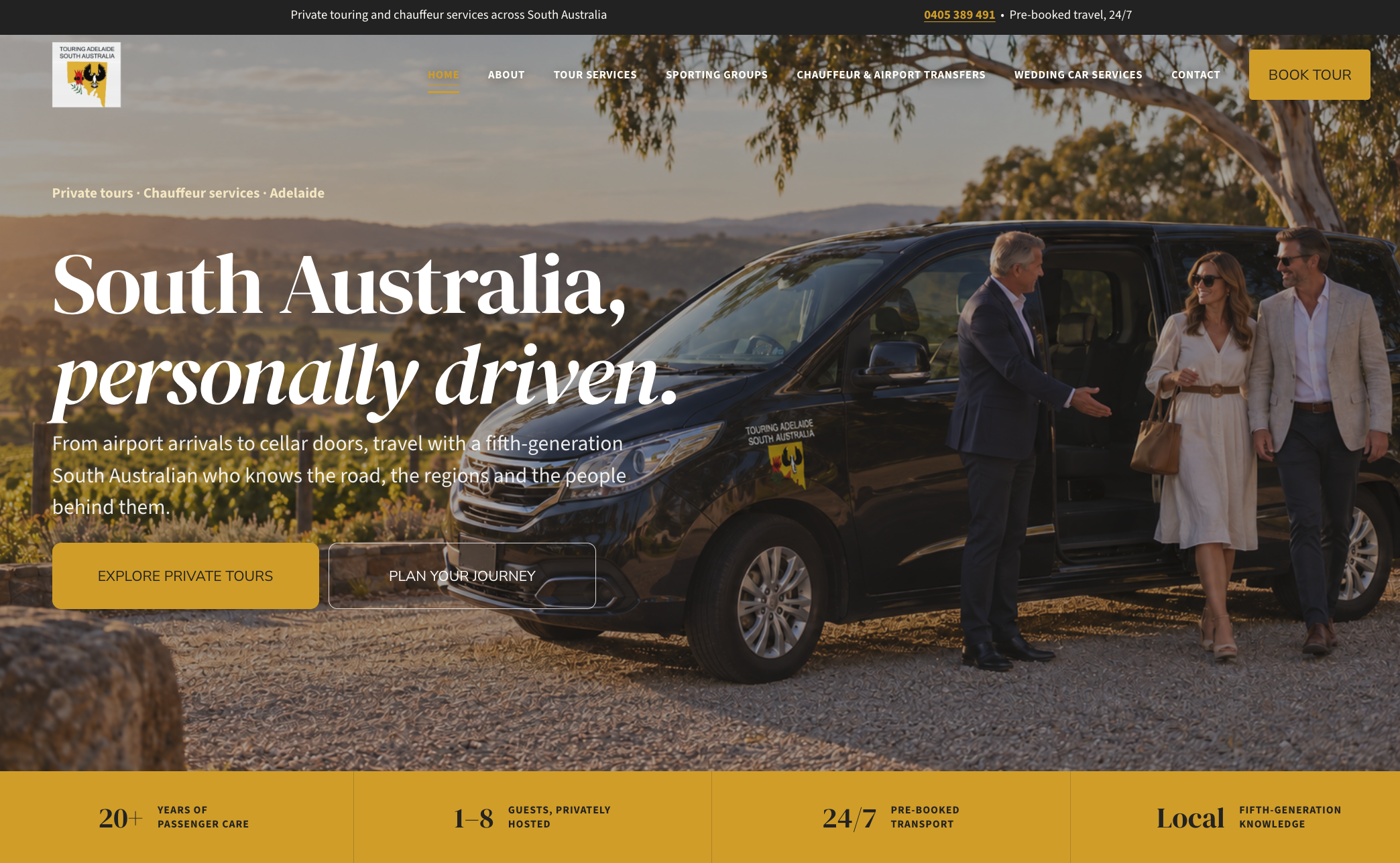 South Australian private touring and chauffeur service website hero showing a black luxury van, chauffeur greeting a couple, and scenic vineyard landscape