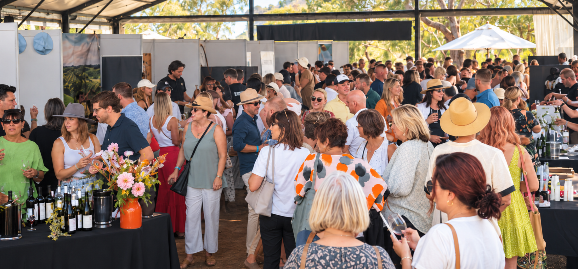Crowded outdoor wine festival with attendees tasting wine among vendor booths and floral displays.