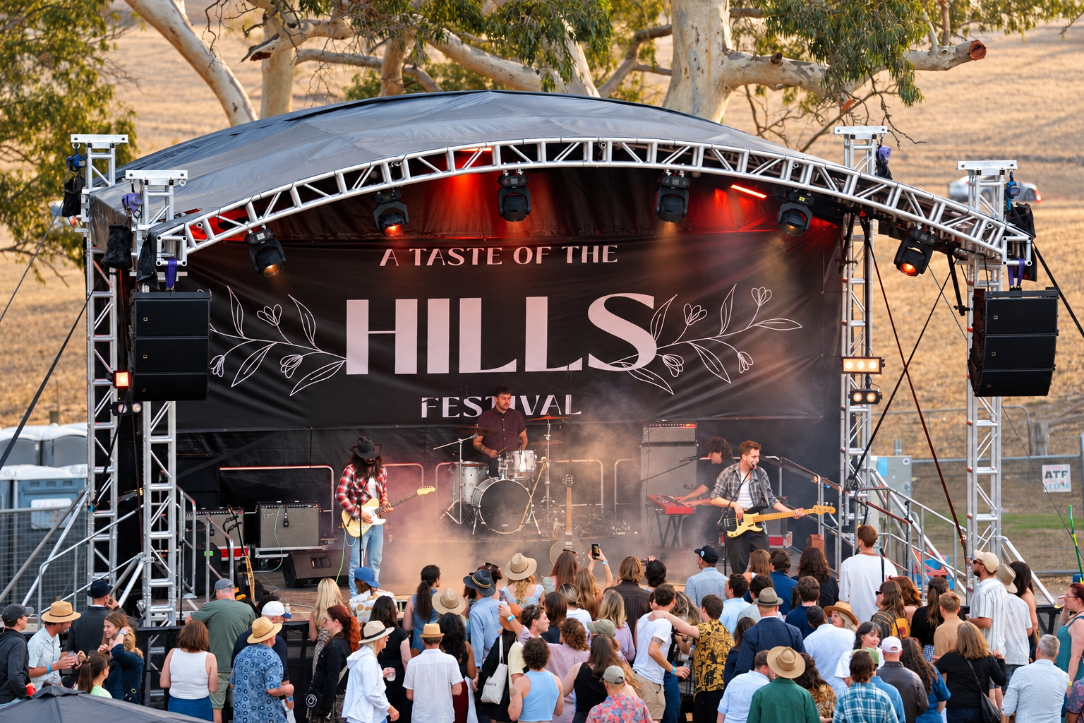 Live band performing at the Hills Festival on an outdoor stage before a large crowd.