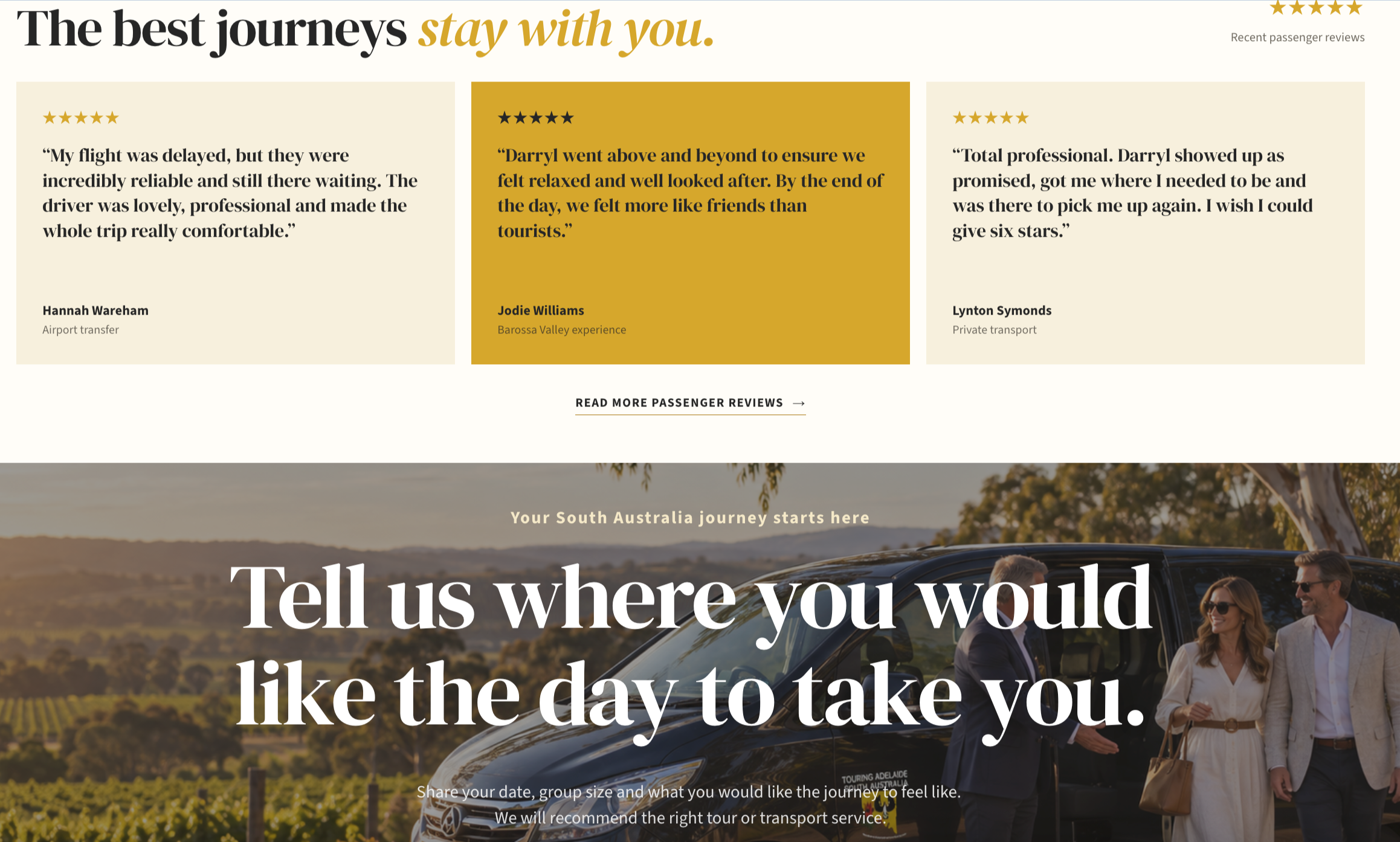 Passenger review cards for South Australia tours above a scenic vineyard transportation banner featuring a luxury black car and travelers.