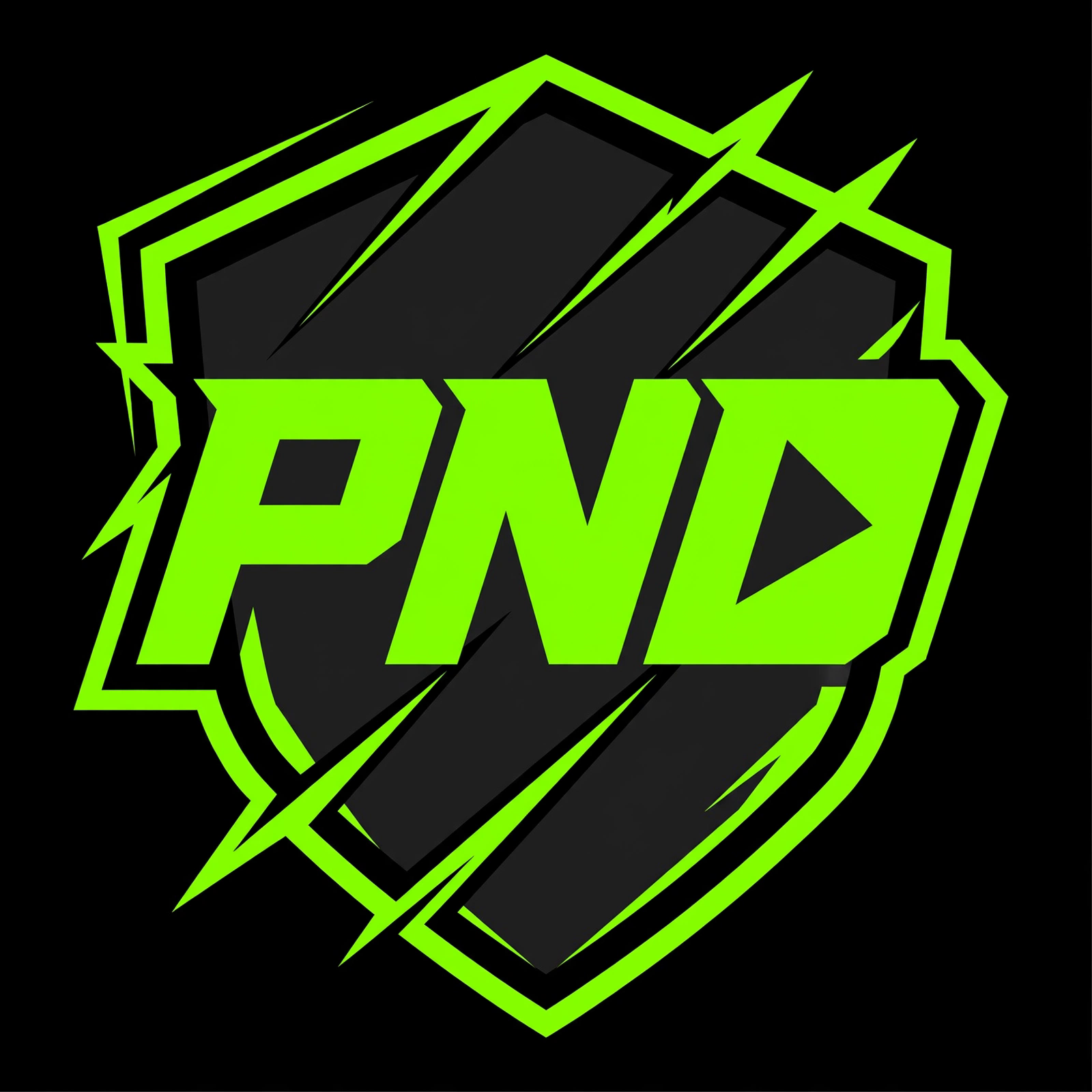 A stylized logo with the letters 'PND' in bold green font outlined in black, set against a black background.