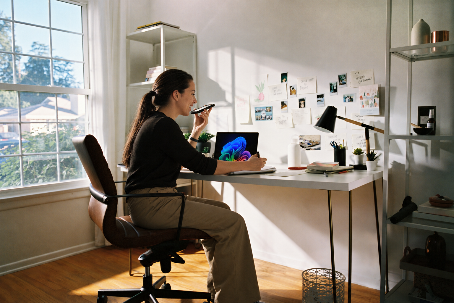 Small business owner taking notes on a phone call in a sunlit home office during a free financial health check