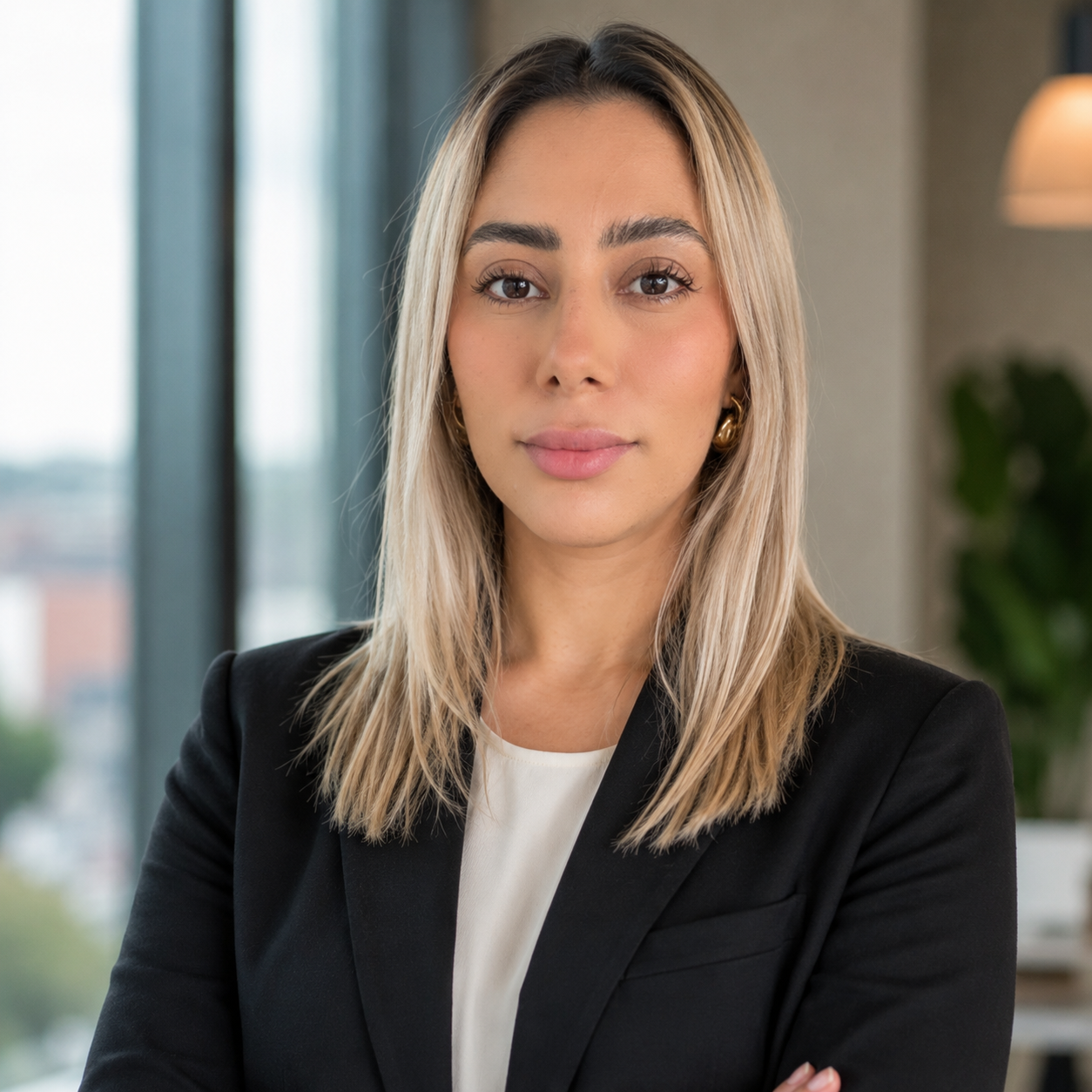 Mujer joven con cabello rubio y lóbulos de oro, vestida con saco negro y blusa blanca, en un ambiente de oficina moderna