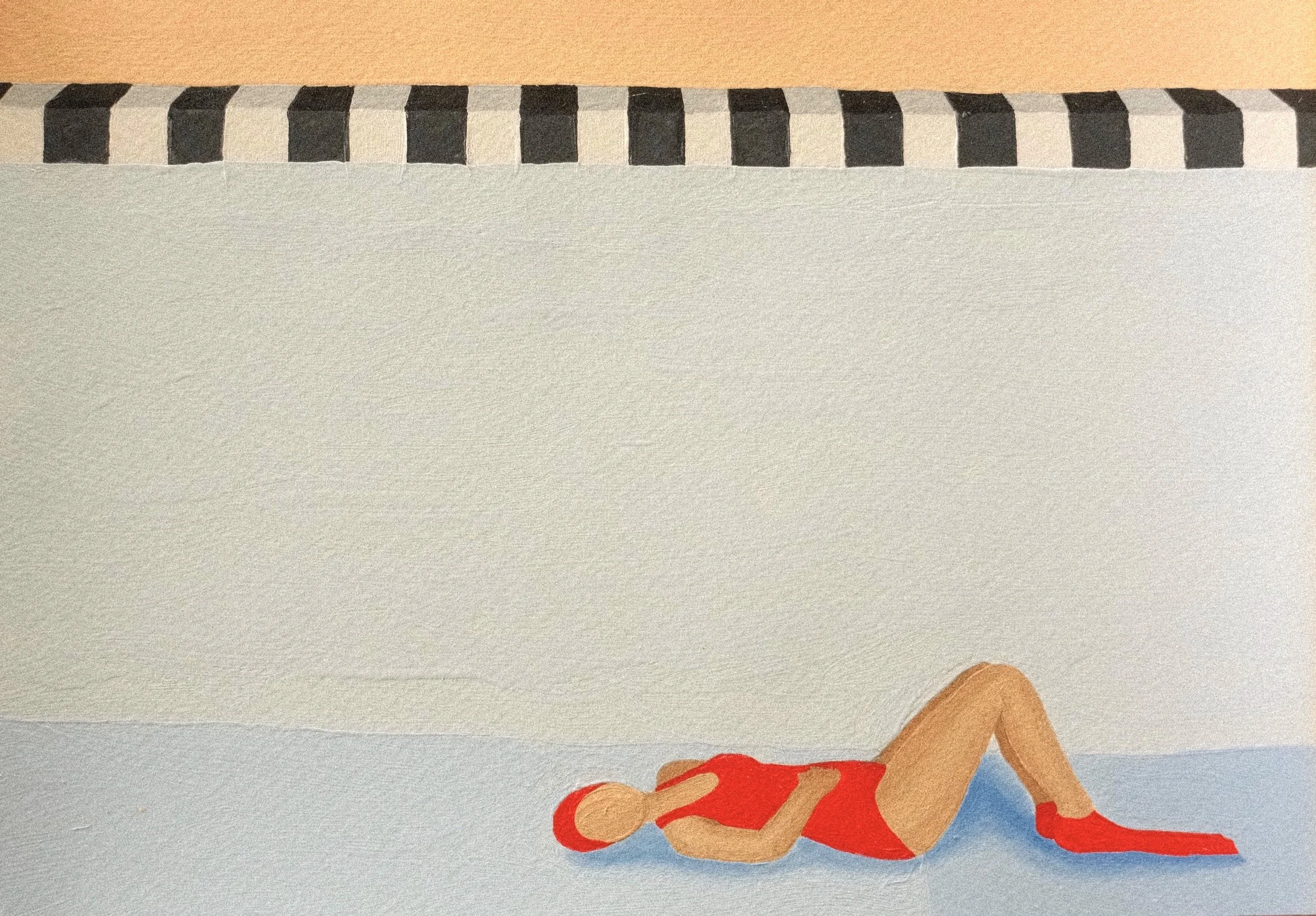 'Poolside Melancholy'  2026 
acrylic on paper 
34.8 x 41cm 
52 x 58cm Framed 
$1500