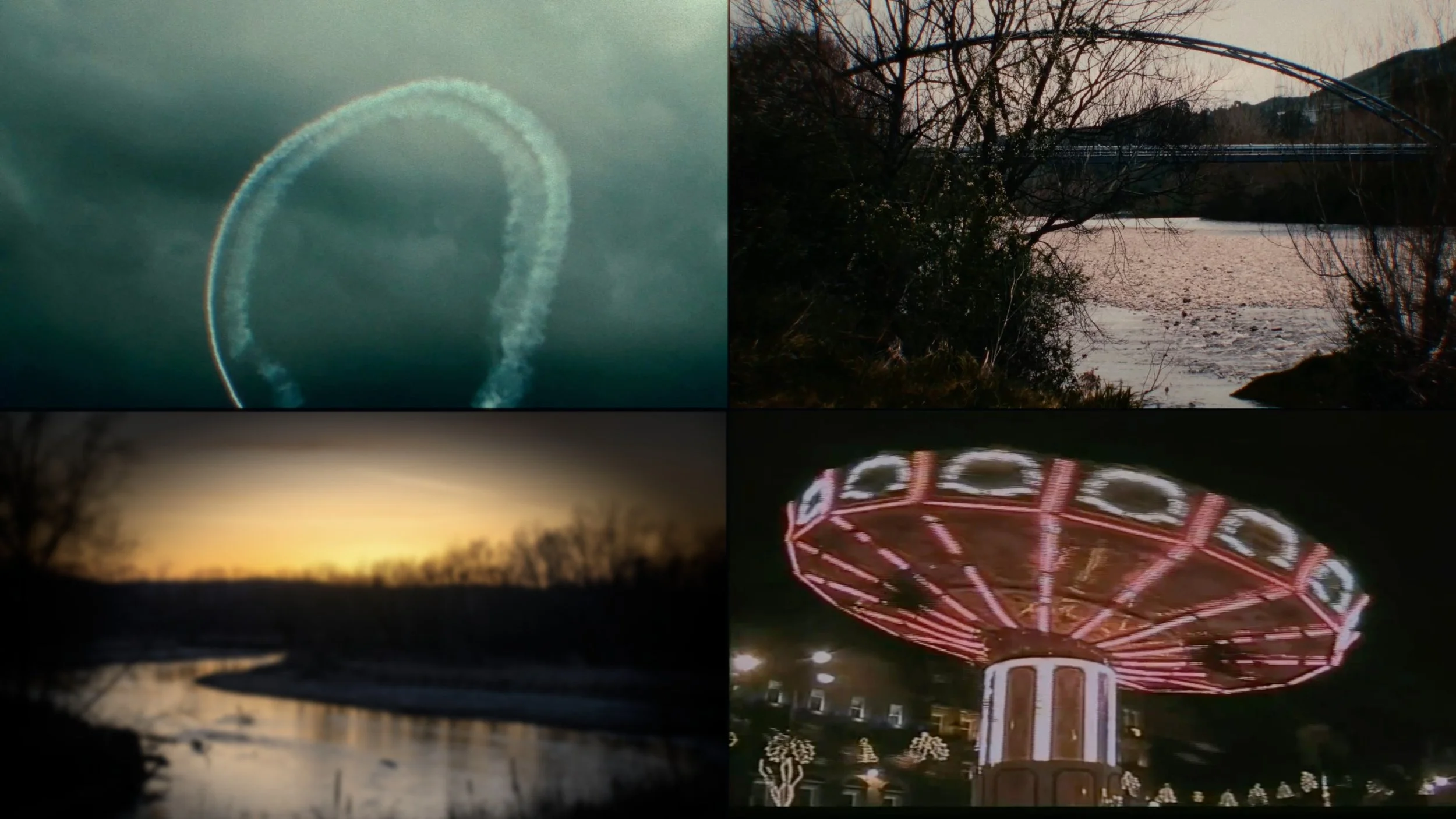 Four-panel collage showing a bubble underwater, a river with a bridge, a sunset over a lake, and a nighttime amusement park ride.