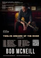 Album cover for Bob McNeill’s “Twelve Dreams of the River,” featuring the musician seated with an acoustic guitar in a dimly lit room.