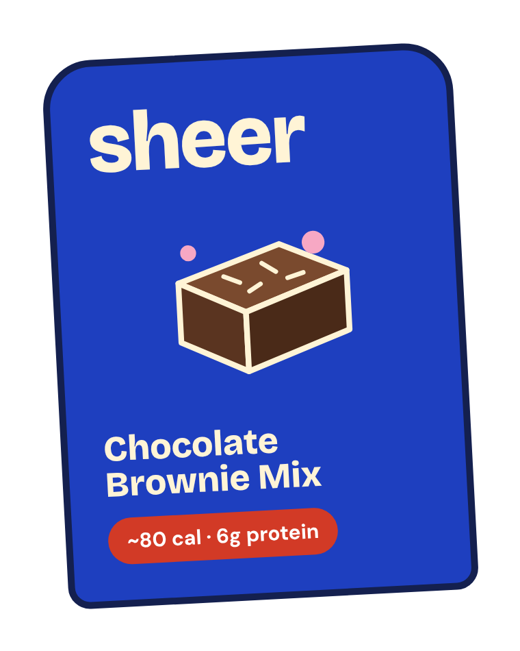 A blue package labeled 'sheer' with a brown chocolate brownie illustration, describing a chocolate brownie mix with approximately 80 calories and 6 grams of protein.