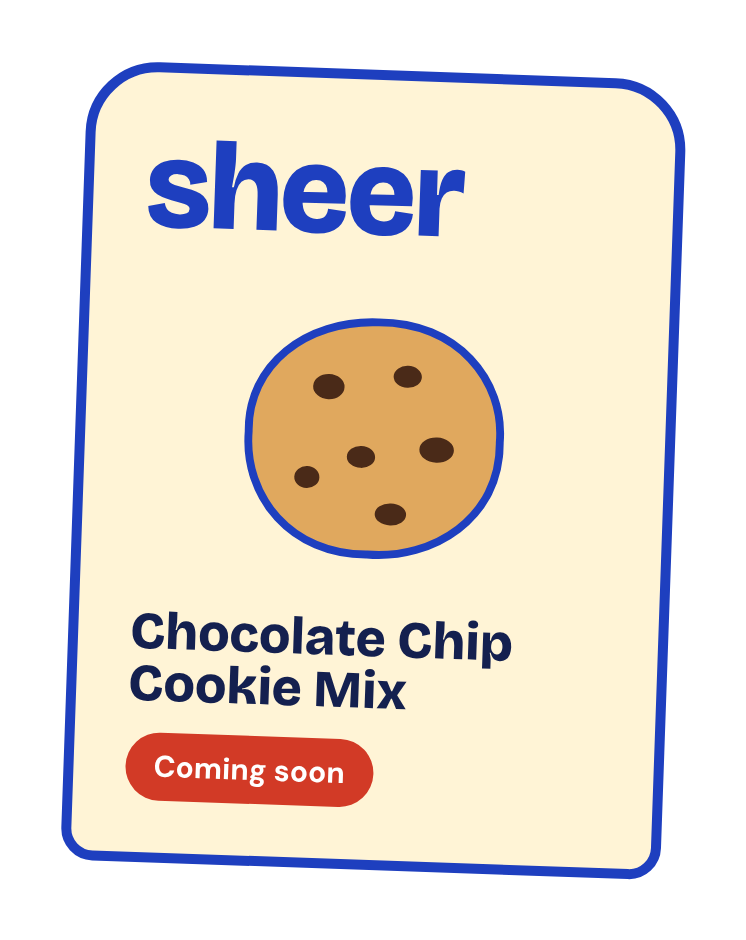 Announcement for Sheer chocolate chip cookie mix with a cookie illustration and a 'Coming soon' label.