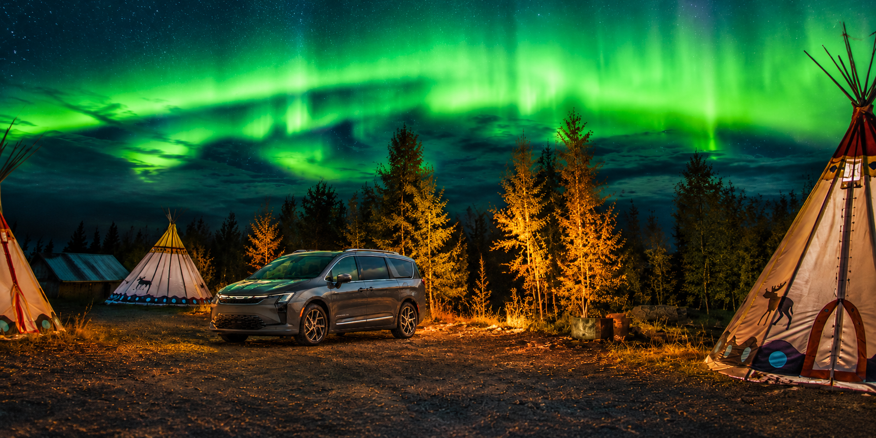 Aurora-lit Tipi Campsite with Minivan.png