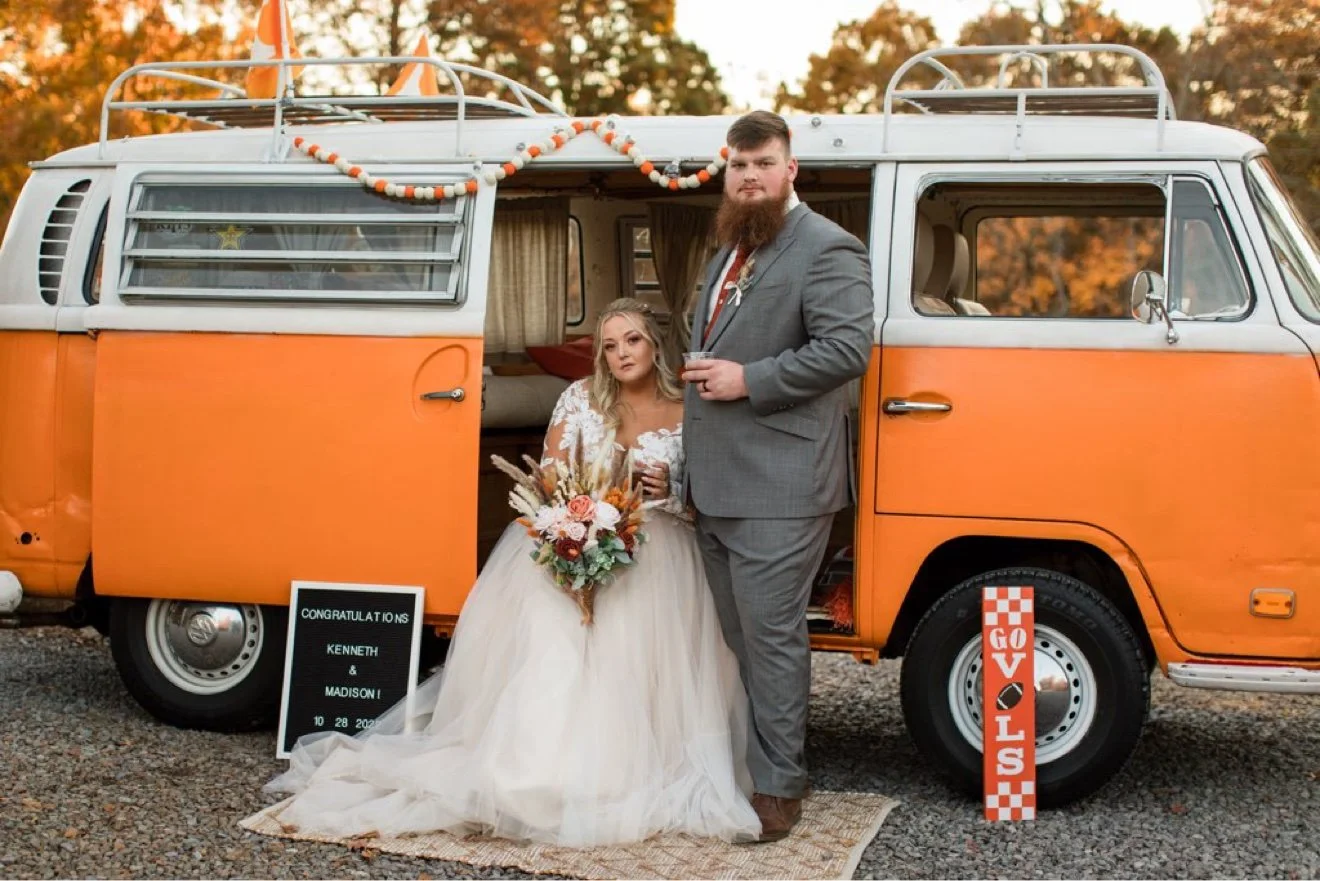 Wedding couple with Nancy, orange 1970 VW bus, Knoxville TN
