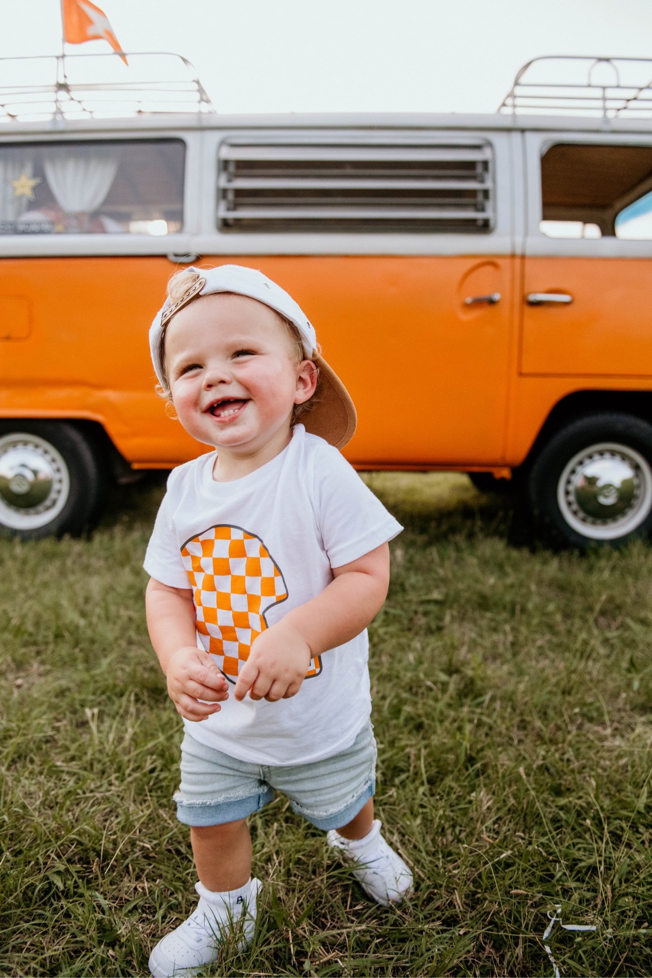 Toddler in Tennessee Power T shirt with Nancy, orange 1970 VW bus, Knoxville TN