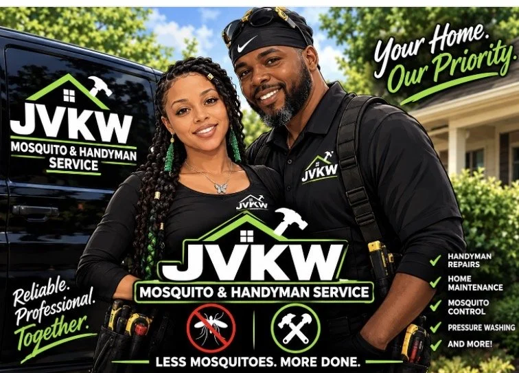 JVKW Mosquito & Handyman Service promotional image featuring two technicians, service van, and home repair and mosquito control offerings