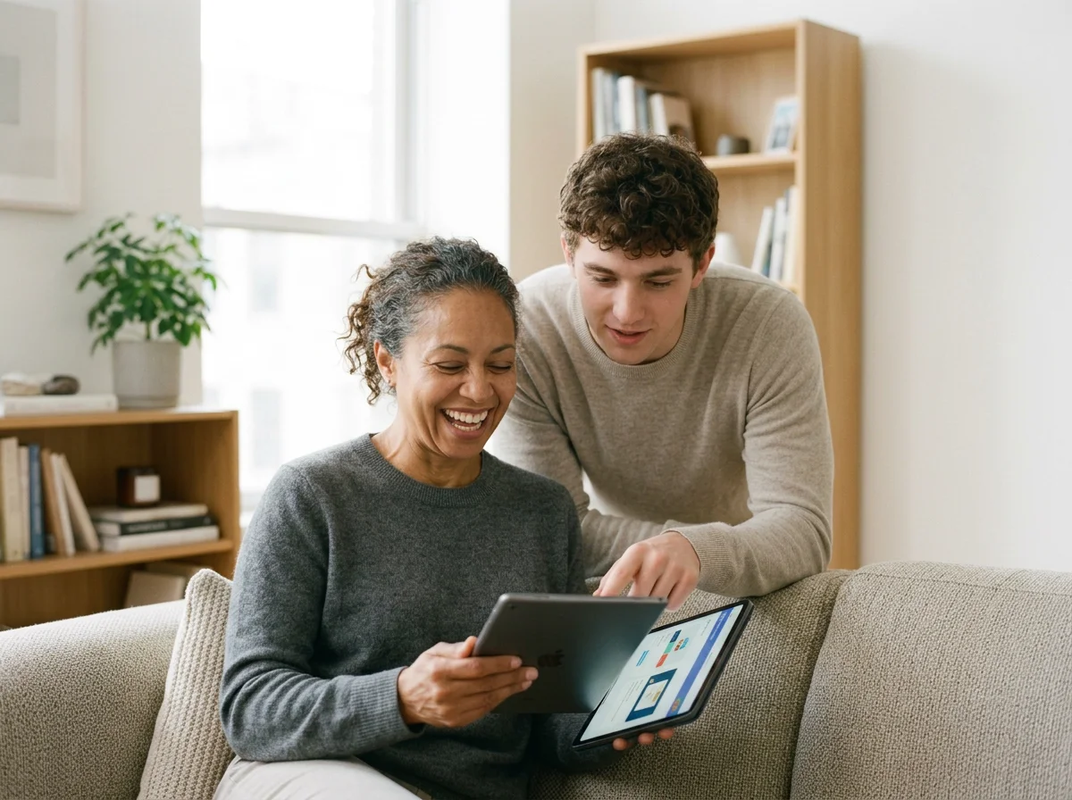 A smiling woman and a young man looking at a tablet together on a beige sofa in a well-lit living room.