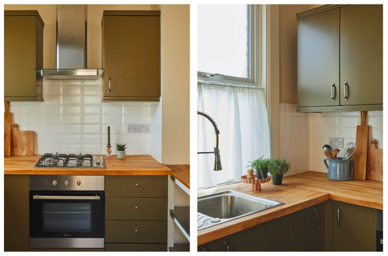 Split view of a kitchen with olive green cabinets, a wooden countertop, a white tiled backsplash, and a stainless steel sink. The left side shows a gas stove and oven, while the right side features a window with white curtains, potted plants, and kitchen utensils.