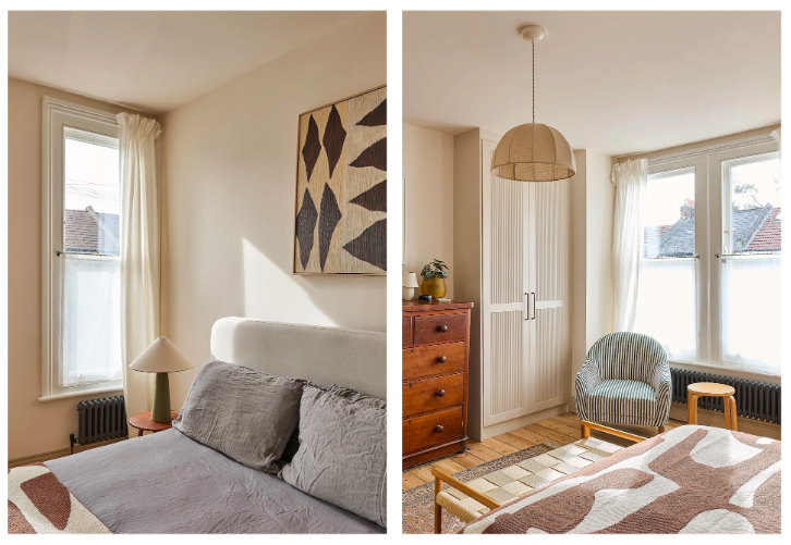 Split image of two bedroom interiors with natural light. The left side shows a bed with gray bedding, a wooden nightstand with a lamp, a window with white curtains, and abstract wall art. The right side features a wooden dresser, a striped armchair, a window with white curtains, and a woven lampshade hanging from the ceiling.