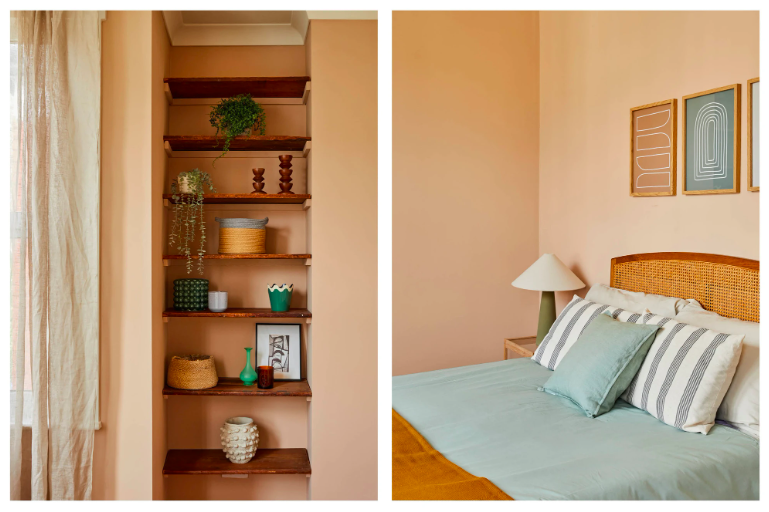 Split image showing a built-in wooden bookshelf with decorative objects on the left, and a bedroom with a bed, pillows, a nightstand, a lamp, and wall art on the right.