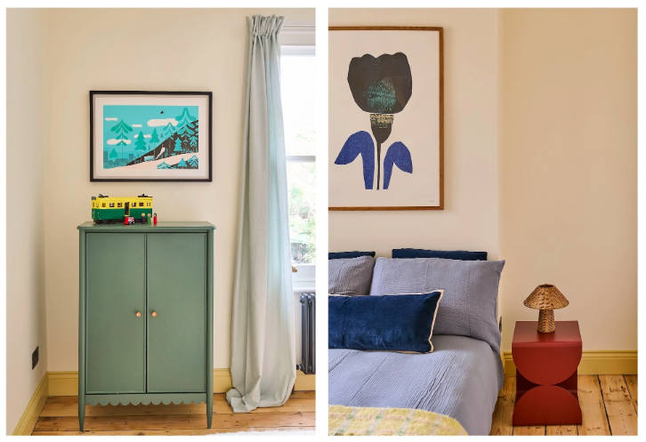 Side-by-side images of interior rooms: the left shows a green cabinet with a toy train on top, a framed landscape picture, a window with curtains, and hardwood floors. The right shows a bed with gray and navy pillows, a bedside table with a woven lamp, and a framed abstract portrait on the wall.