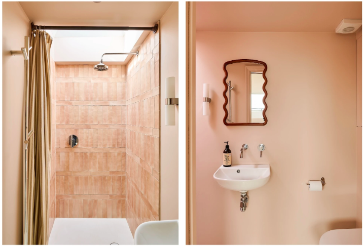 Side-by-side images of a shower and a bathroom sink with a mirror and soap dispenser.