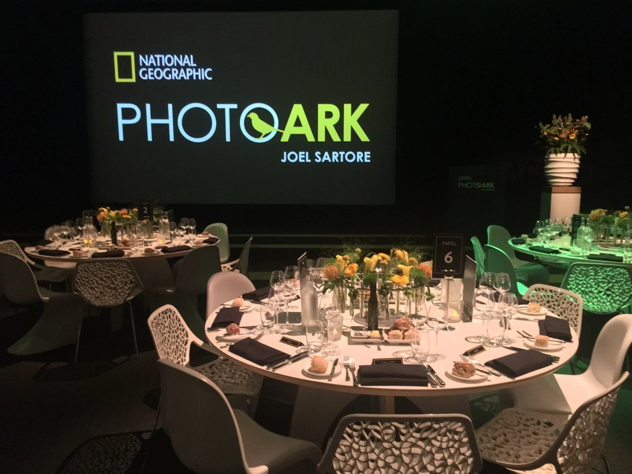 Feestelijk diner met gedekte ronde tafels voor een National Geographic Photo Ark-presentatie van Joel Sartore.