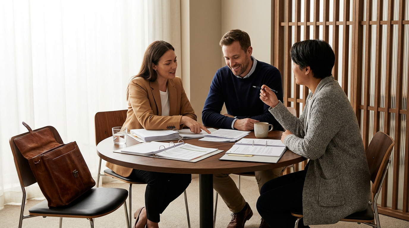 Three professionals having a discussion at a round table in an office, with documents, notebooks, and coffee cups.