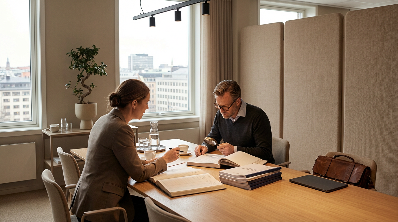 Two professionals, a woman and a man, sitting at a conference table in a modern office, reviewing documents together. The office has large windows with city views, a potted plant, and various office items on the table.