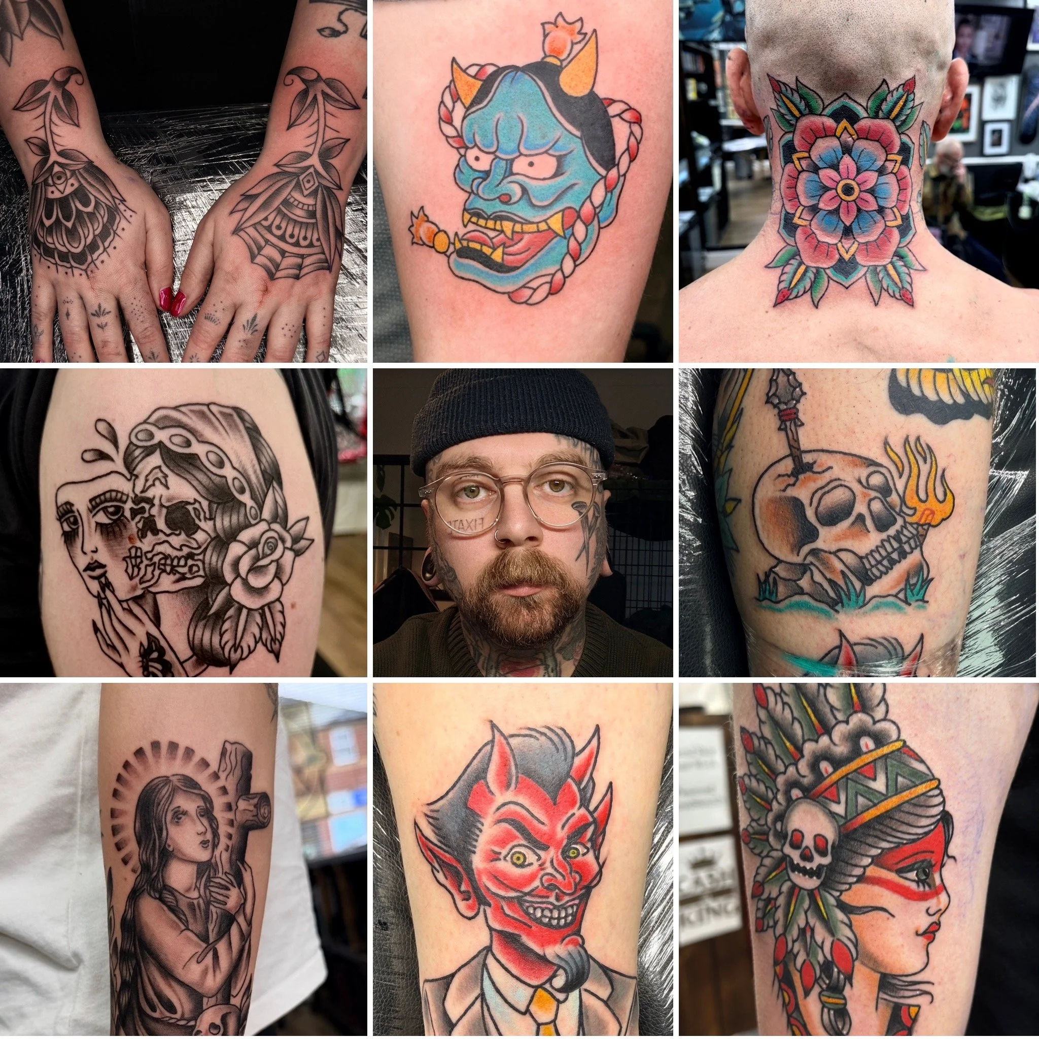 A collage of tattoos on various parts of people's bodies, featuring designs such as floral patterns, mythical creatures, skulls, and portraits, in different styles and color schemes.