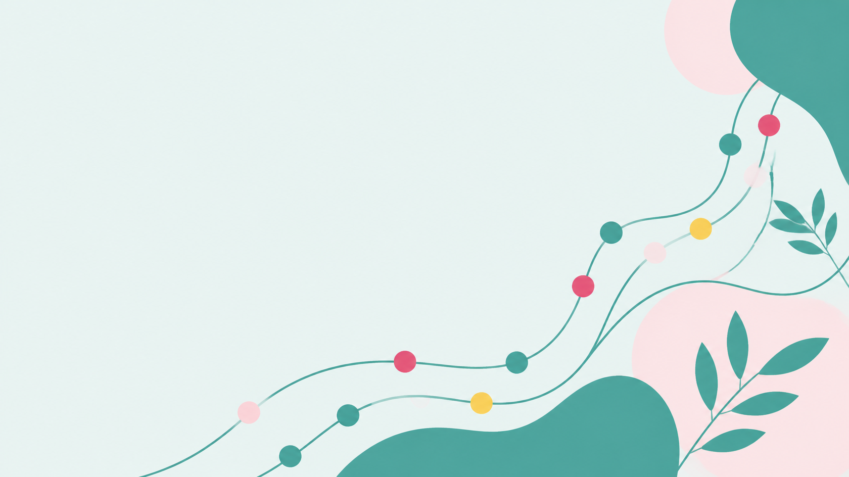 Abstract background with flowing lines, colorful dots, and botanical elements in pastel pink, yellow, green, and teal colors.