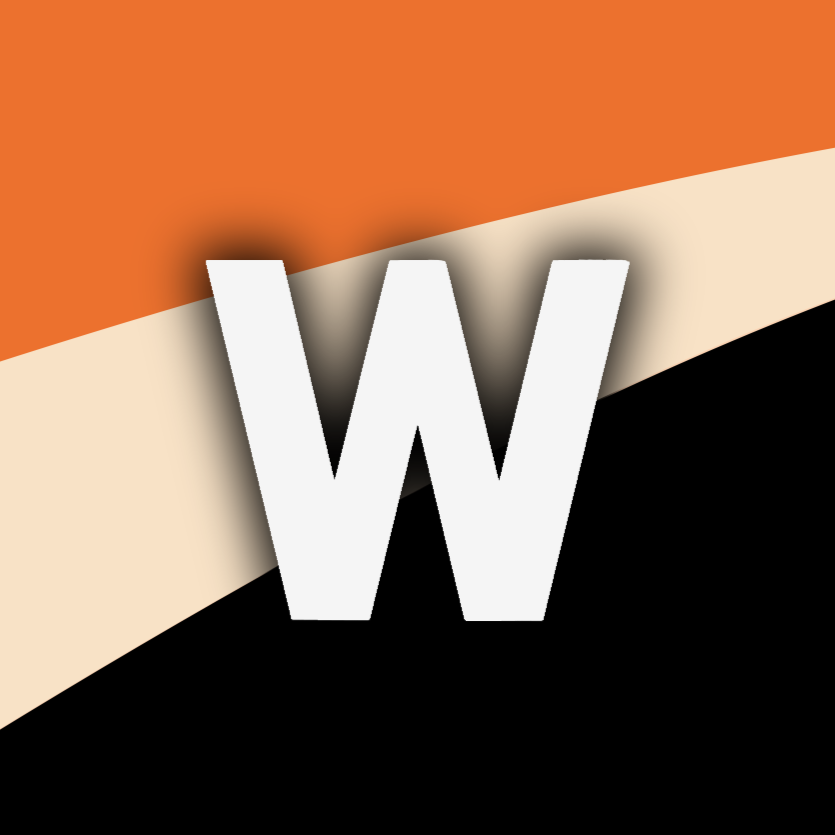 Une grande lettre blanche 'W' avec une ombre portée, sur un fond divisé en trois parties de couleurs orange, beige et noir.