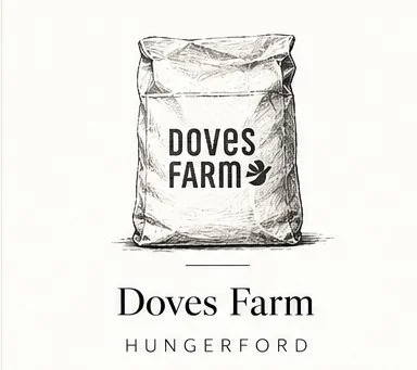 A paper bag with the logo and name 'Doves Farm' on it, indicating it is a product from Doves Farm in Hungerford.