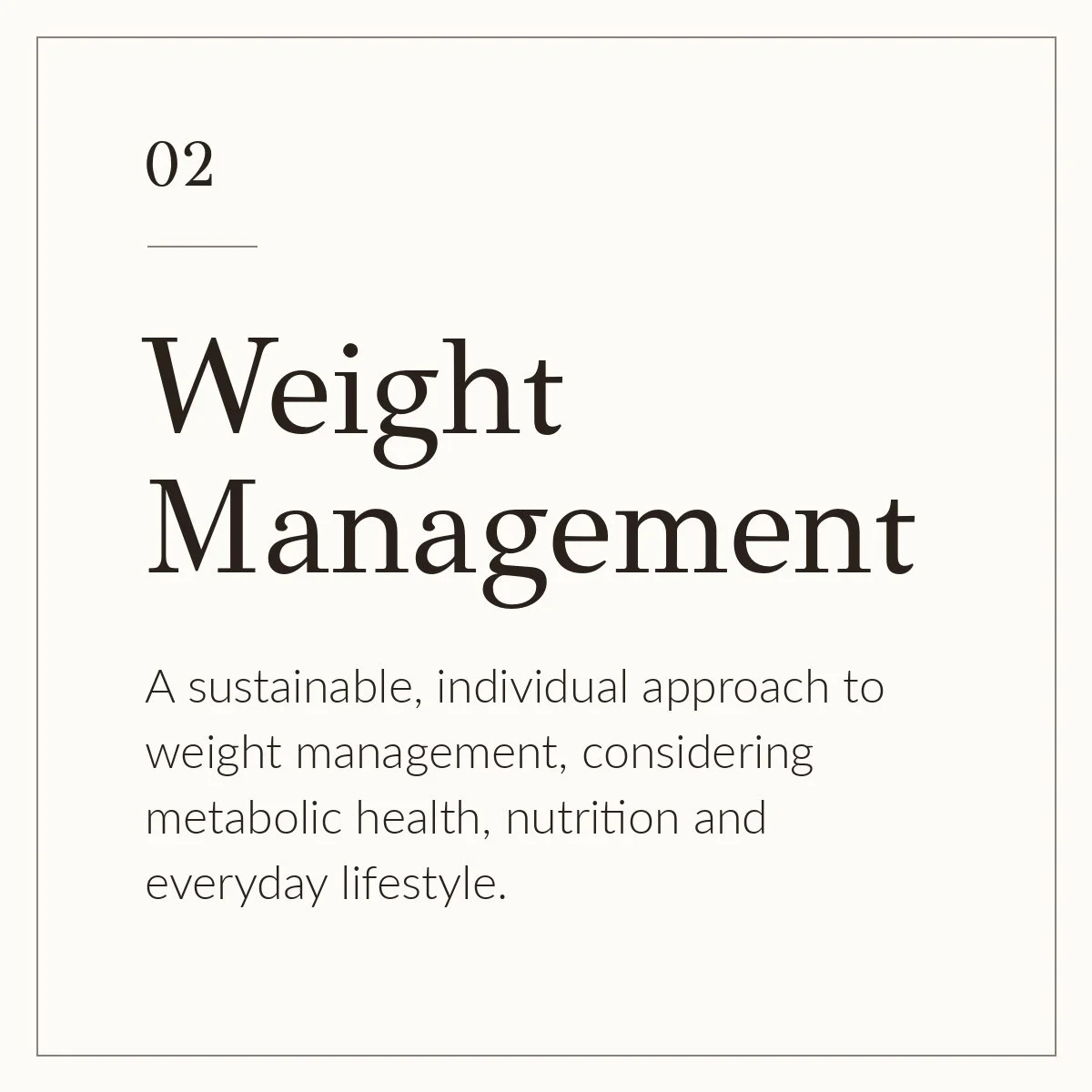 Page with the title 'Weight Management' and the subtitle 'A sustainable, individual approach to weight management, considering metabolic health, nutrition and everyday lifestyle.'